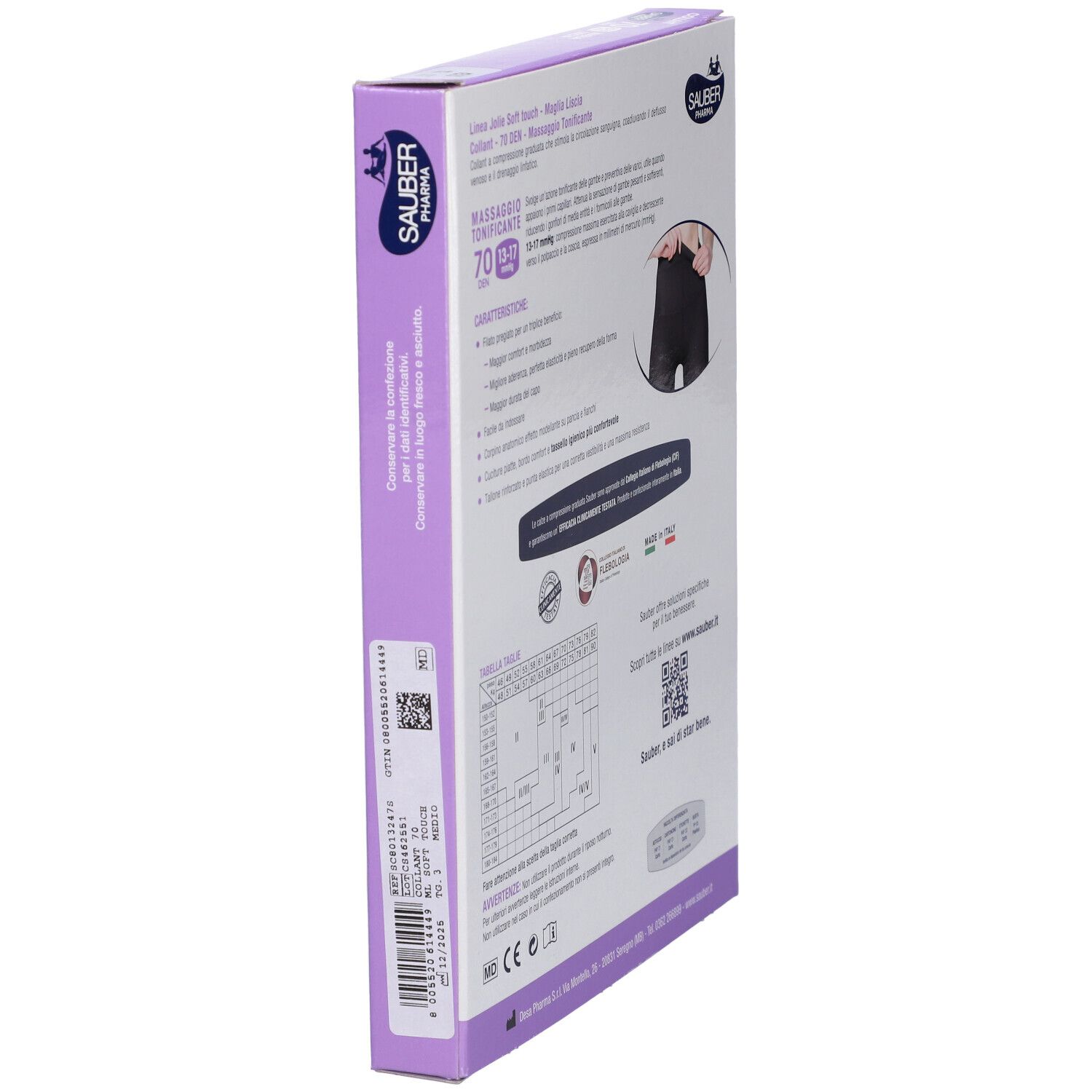 Vista laterale della confezione SAUBER JOLIE COLLANT 70 MEDIO3. Testo: 70 DEN, 13-17 mmHg. Logo SAUBER Pharma. Made in Italy. Codice a barre e informazioni.