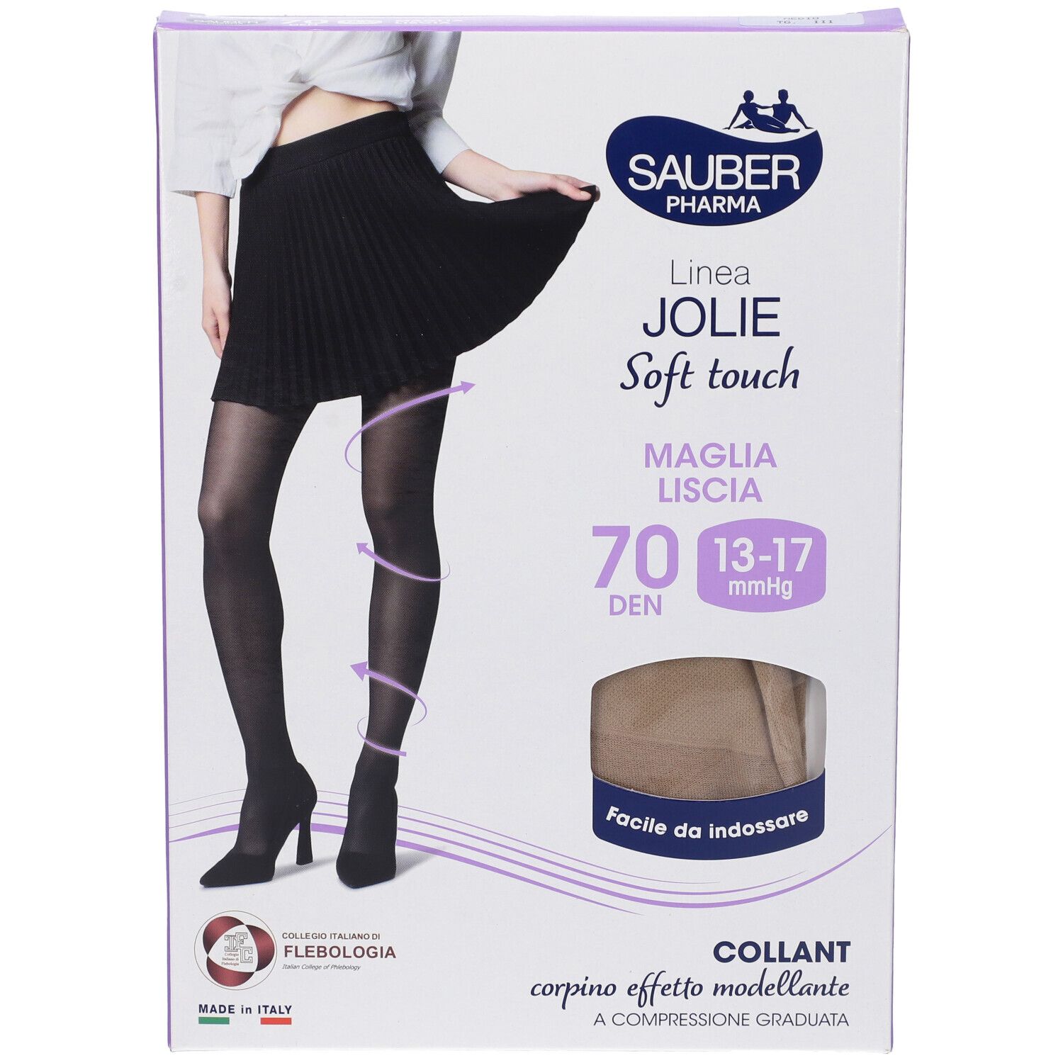 Confezione SAUBER JOLIE COLLANT 70 MEDIO3. Donna con collant. Finestra con collant. Testo: 70 DEN, 13-17 mmHg. Logo SAUBER Pharma. Made in Italy.