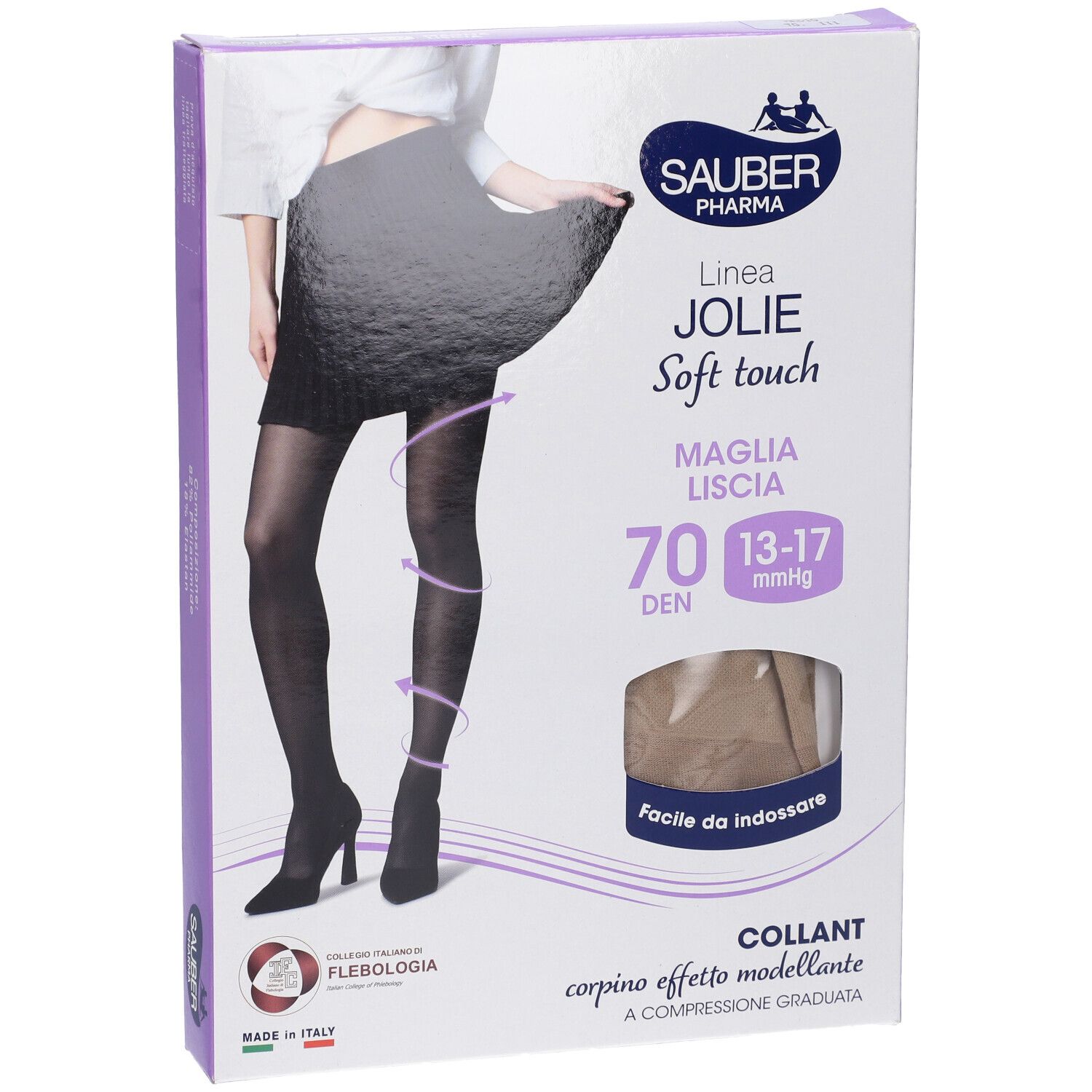 Confezione SAUBER JOLIE COLLANT 70 MEDIO3. Donna con collant. Finestra con collant. Testo: 70 DEN, 13-17 mmHg. Logo SAUBER Pharma. Made in Italy.