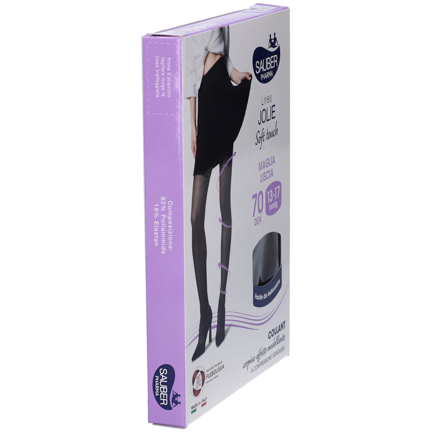 Scatola collant nero Sauber Pharma Jolie 70 Den. Vista laterale con informazioni sul prodotto e logo.