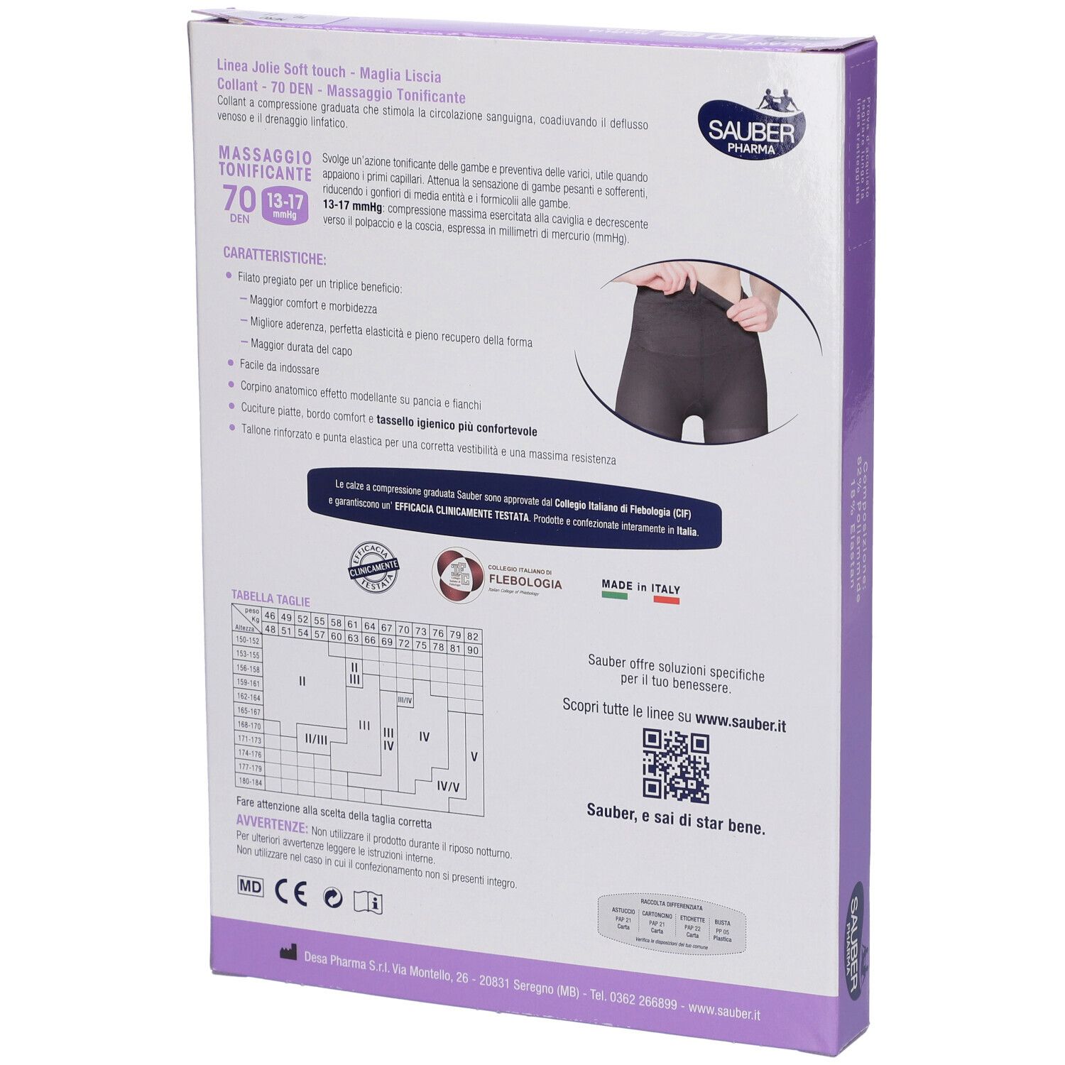 Retro della scatola collant nero Sauber Pharma Jolie 70 Den. Caratteristiche del prodotto e tabella taglie.
