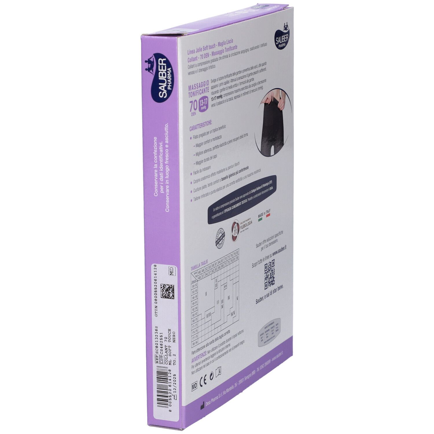 Vista laterale della scatola collant nero Sauber Pharma Jolie 70 Den. Informazioni sul prodotto e codice QR.