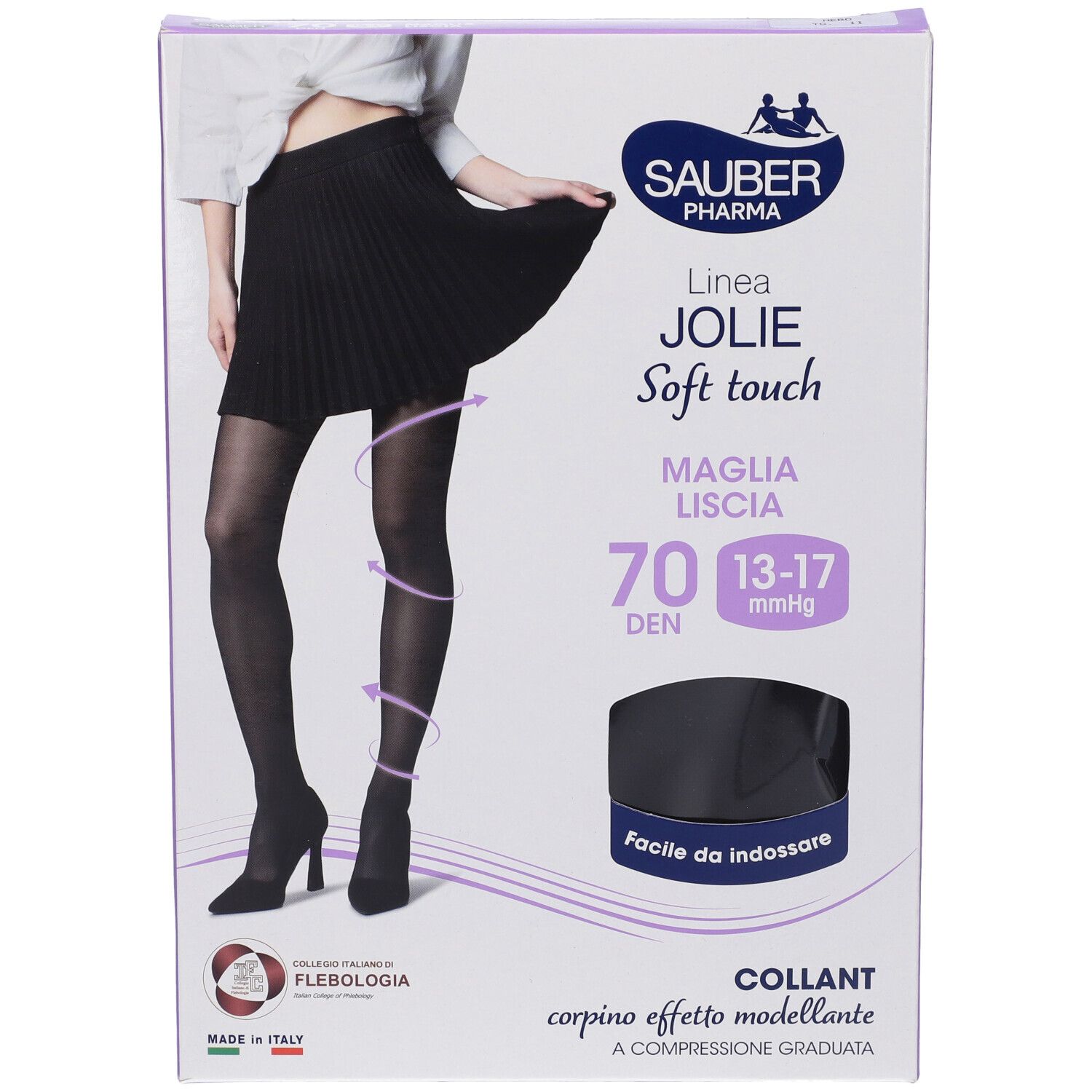 Collant nero Sauber Pharma Jolie 70 Den. Confezione con donna in gonna. Scritta: Maglia LISCA, 13-17 mmHg.