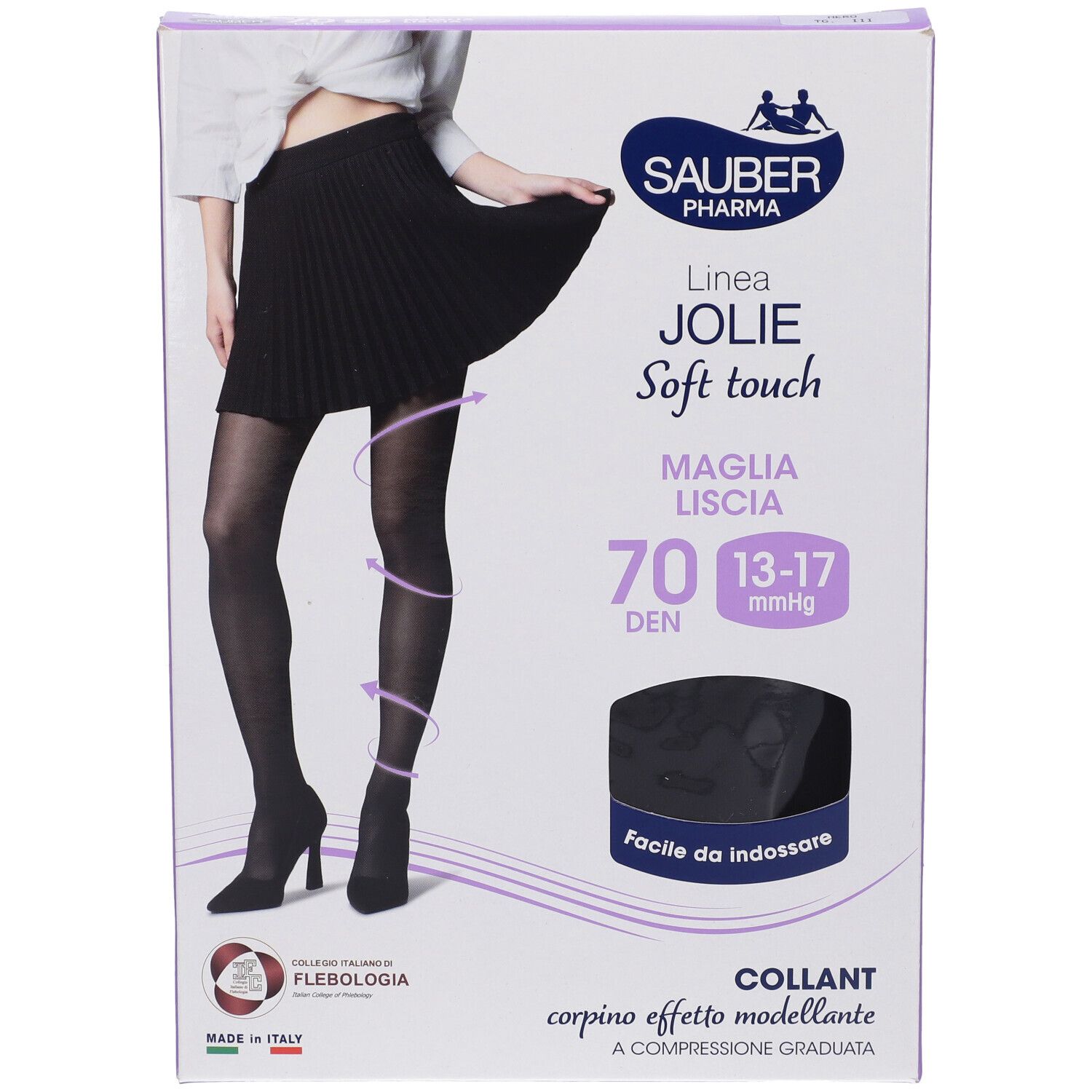 Confezione di SAUBER JOLIE COLLANT 70 NERO 3. Collant neri, 70 DEN, 13-17 mmHg. Marchio e dettagli del prodotto visibili.