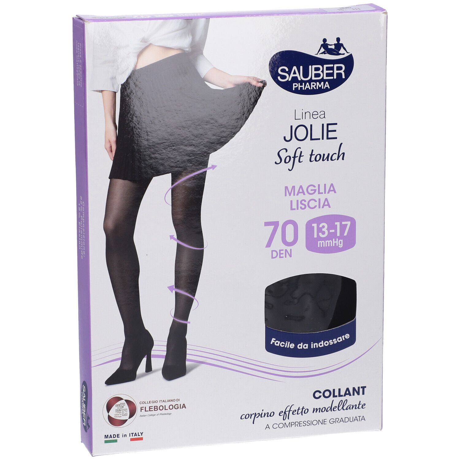 Confezione di SAUBER JOLIE COLLANT 70 NERO 3. Collant neri, 70 DEN, 13-17 mmHg. Marchio e dettagli del prodotto visibili.