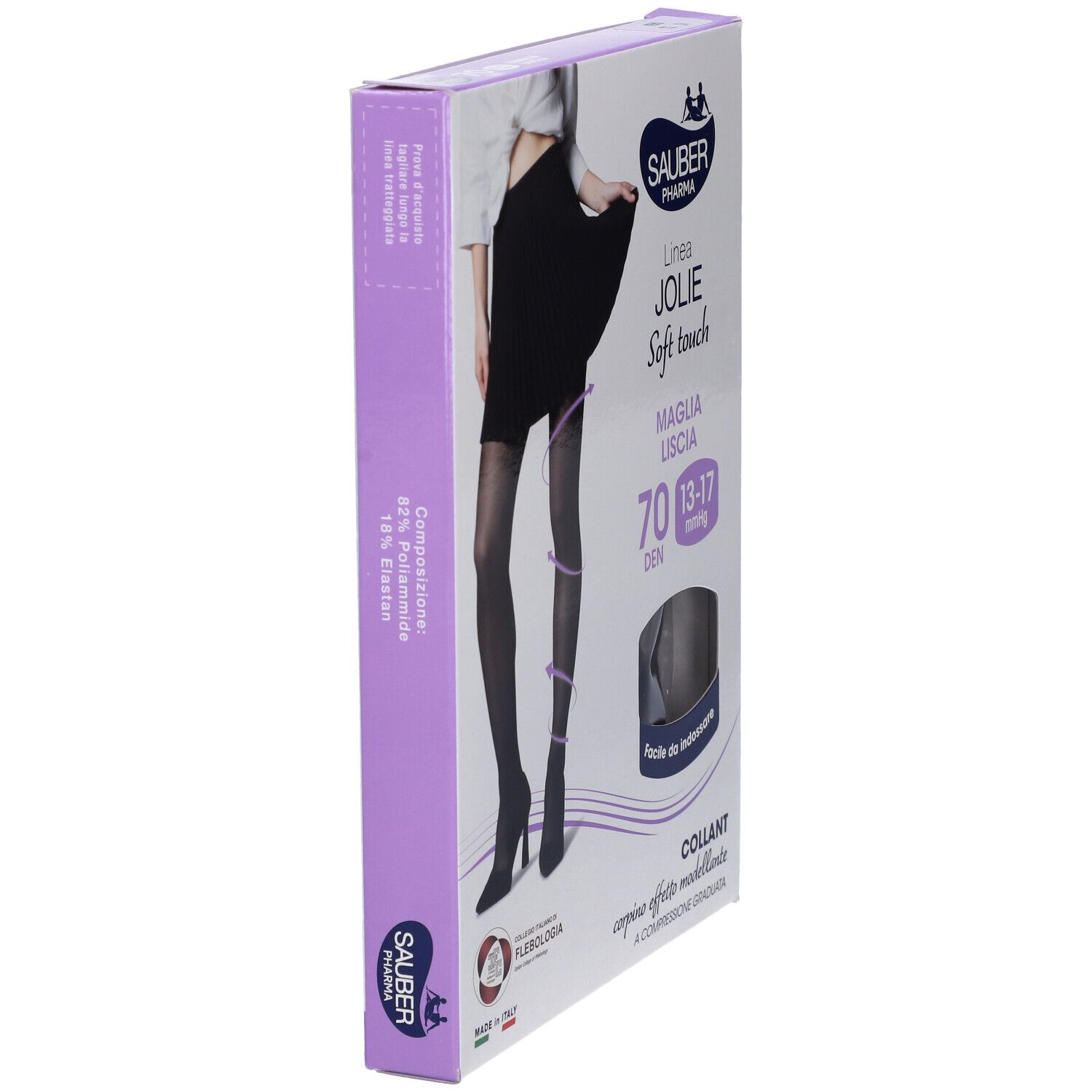 Vista laterale della confezione di SAUBER JOLIE COLLANT 70 NERO 4. Informazioni sul prodotto e marchio visibili. Collant neri.