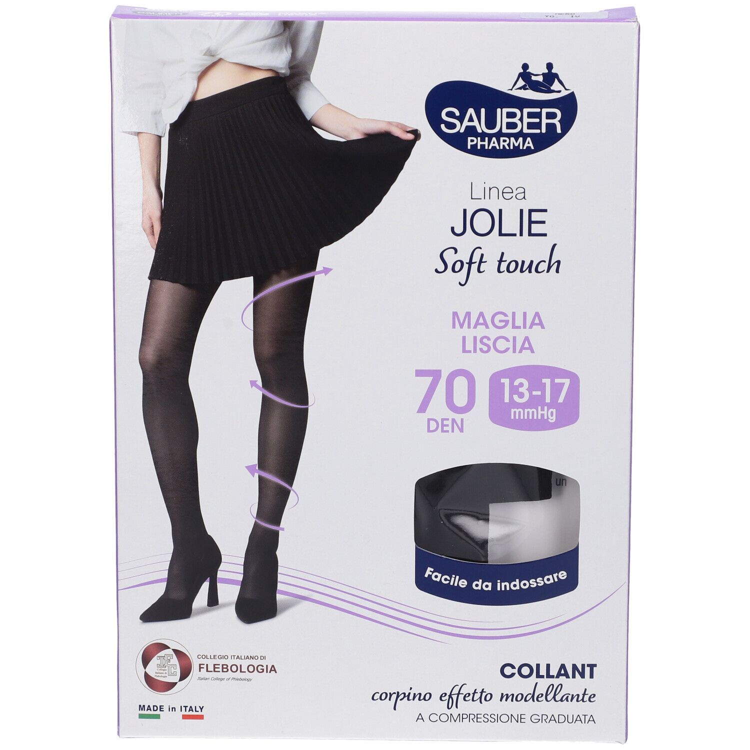 Confezione di SAUBER JOLIE COLLANT 70 NERO 4. Collant neri, 70 DEN, 13-17 mmHg. Marchio e nome del prodotto ben visibili.