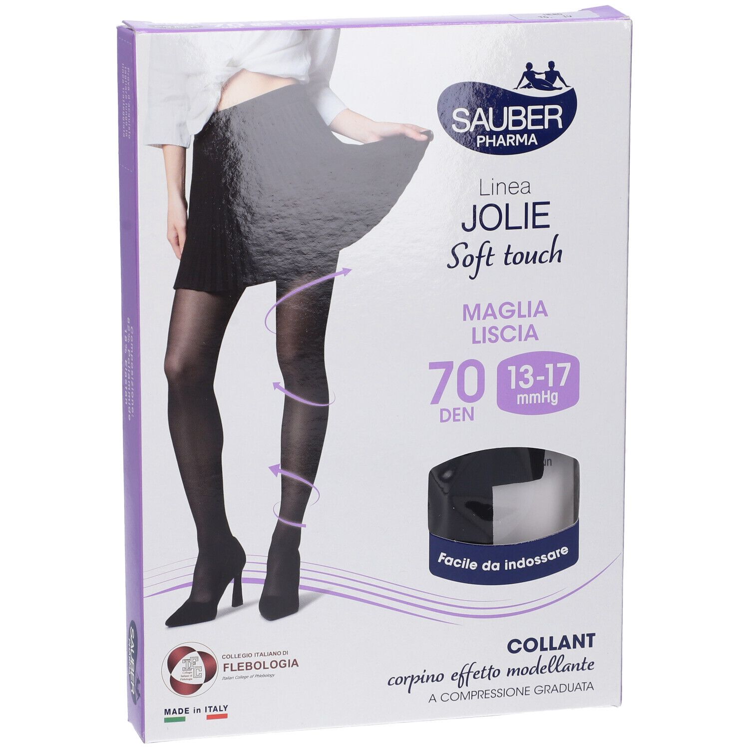 Confezione di SAUBER JOLIE COLLANT 70 NERO 4. Collant neri, 70 DEN, 13-17 mmHg. Marchio e nome del prodotto ben visibili.