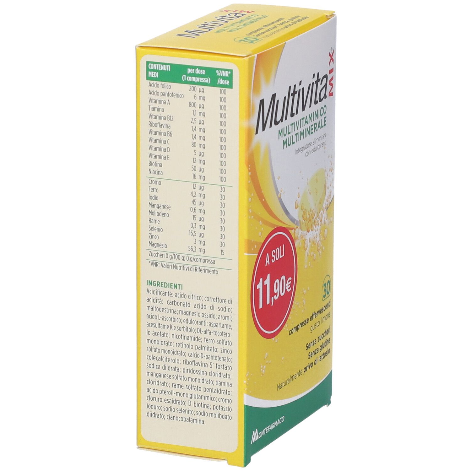 Scatola gialla "Multivita Mix" di lato. Contiene ingredienti e informazioni nutrizionali. Prezzo: 11,90€. Scritto: "30 compresse effervescenti gusto limone".