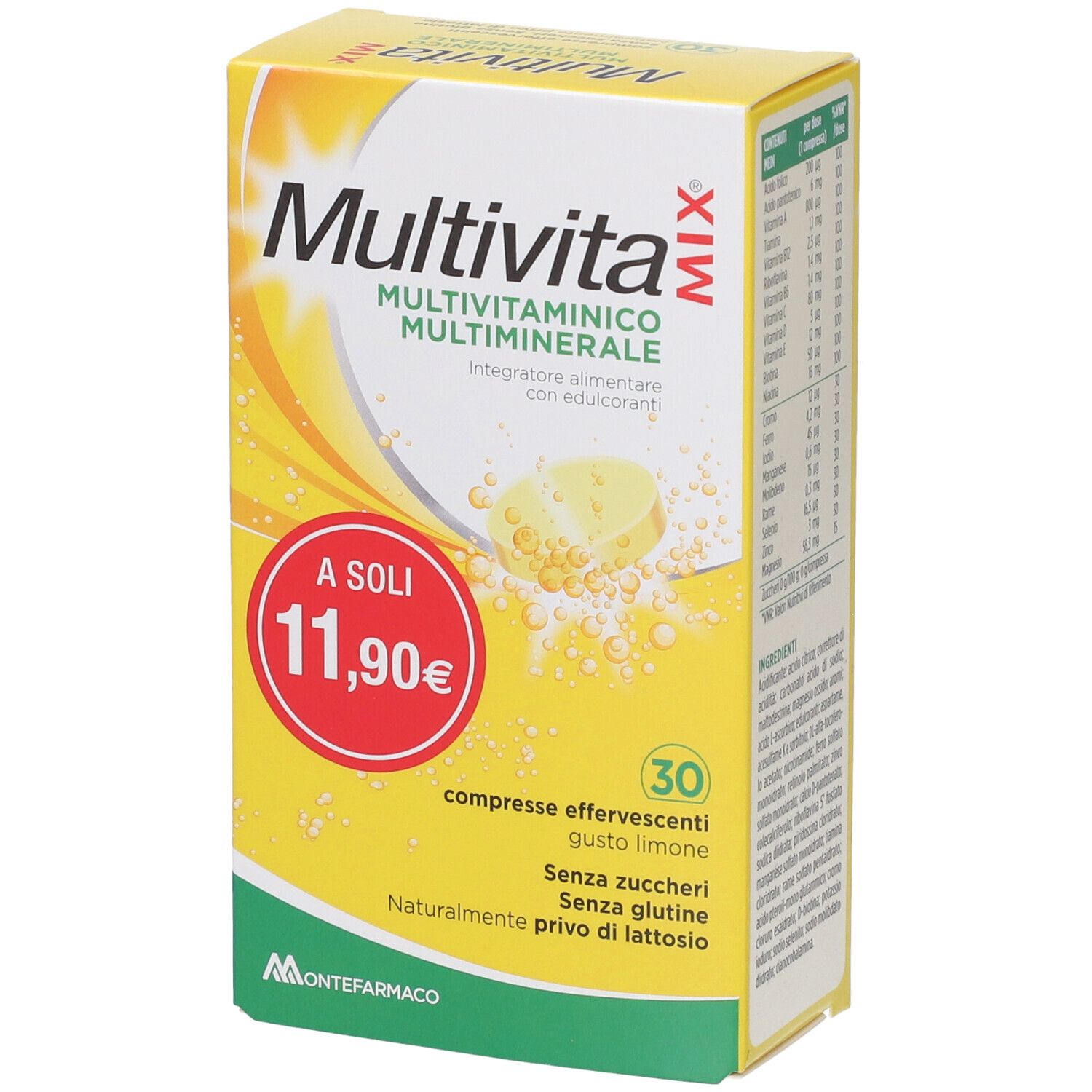 Scatola gialla "Multivita Mix". Contiene 30 compresse effervescenti. Prezzo: 11,90€. Scritto: "Senza zuccheri, senza glutine, naturalmente privo di lattosio". Marca: Montefarmaco.