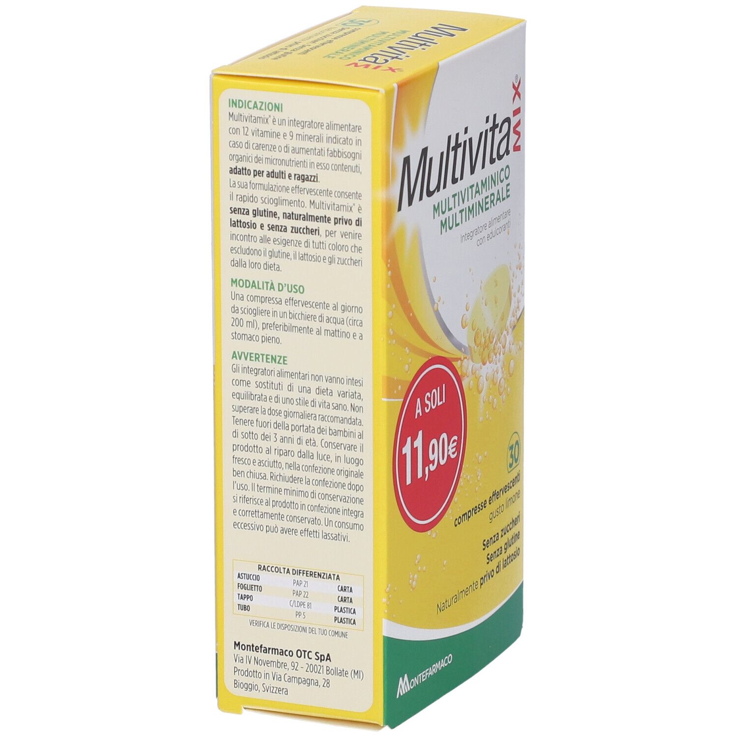 Scatola gialla "Multivita Mix" di lato. Contiene informazioni sull'uso. Prezzo: 11,90€. Marca: Montefarmaco. Scritto: "30 compresse effervescenti gusto limone".