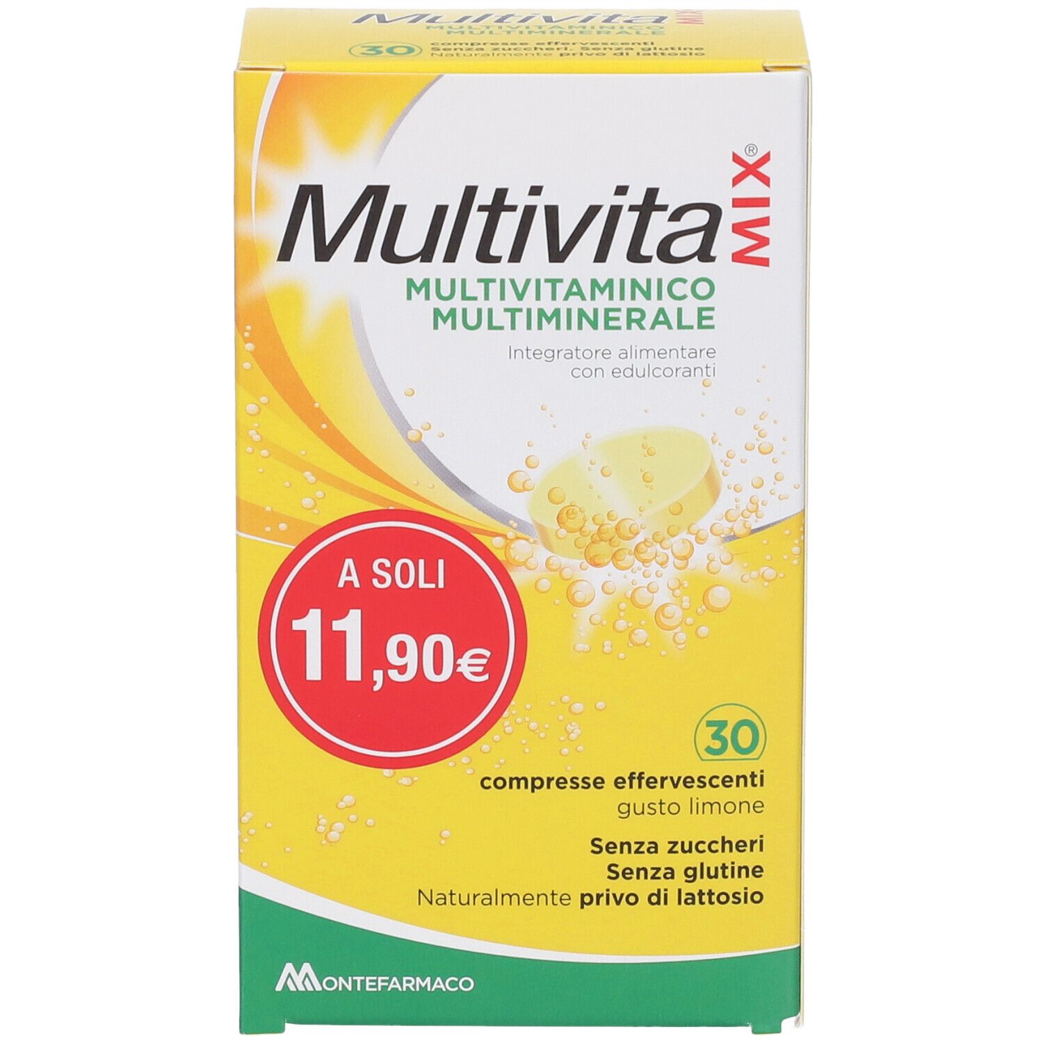 Scatola gialla "Multivita Mix". Contiene 30 compresse effervescenti. Prezzo: 11,90€. Scritto: "Senza zuccheri, senza glutine, naturalmente privo di lattosio". Marca: Montefarmaco.