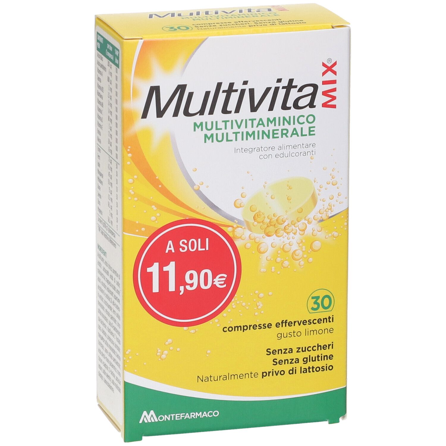 Scatola gialla "Multivita Mix". Contiene 30 compresse effervescenti. Prezzo: 11,90€. Scritto: "Senza zuccheri, senza glutine, naturalmente privo di lattosio". Marca: Montefarmaco.