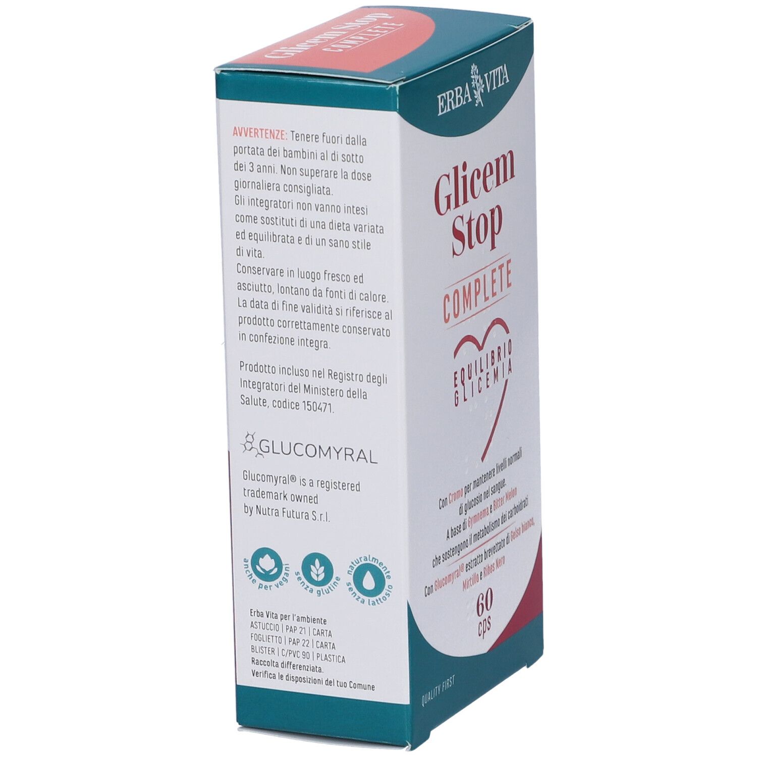 Vista laterale della scatola Glicem Stop Complete. Contiene informazioni e avvertenze. Marchio Erba Vita. 60 cps.