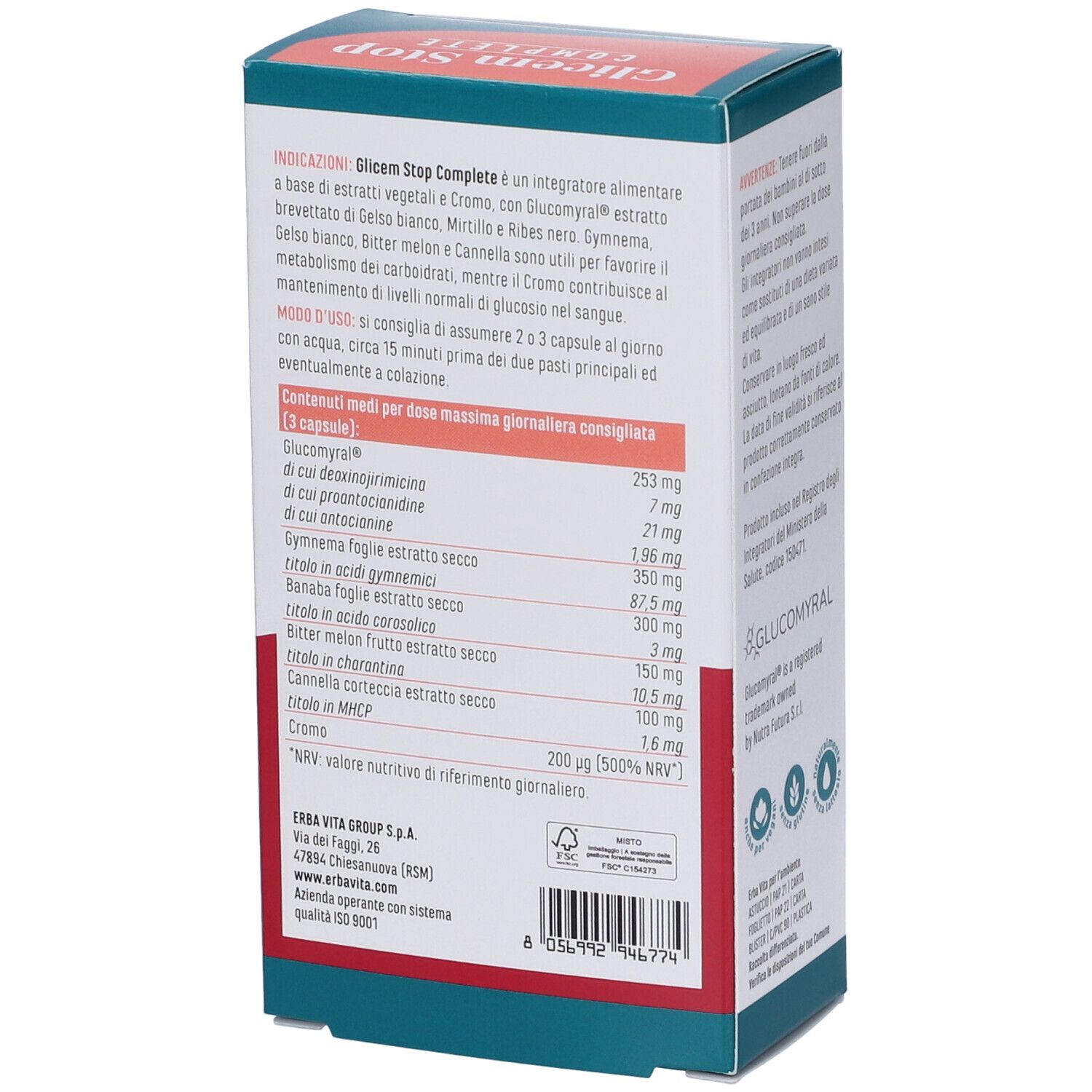 Retro della scatola Glicem Stop Complete. Contiene ingredienti e informazioni nutrizionali. Marchio Erba Vita. 60 cps.