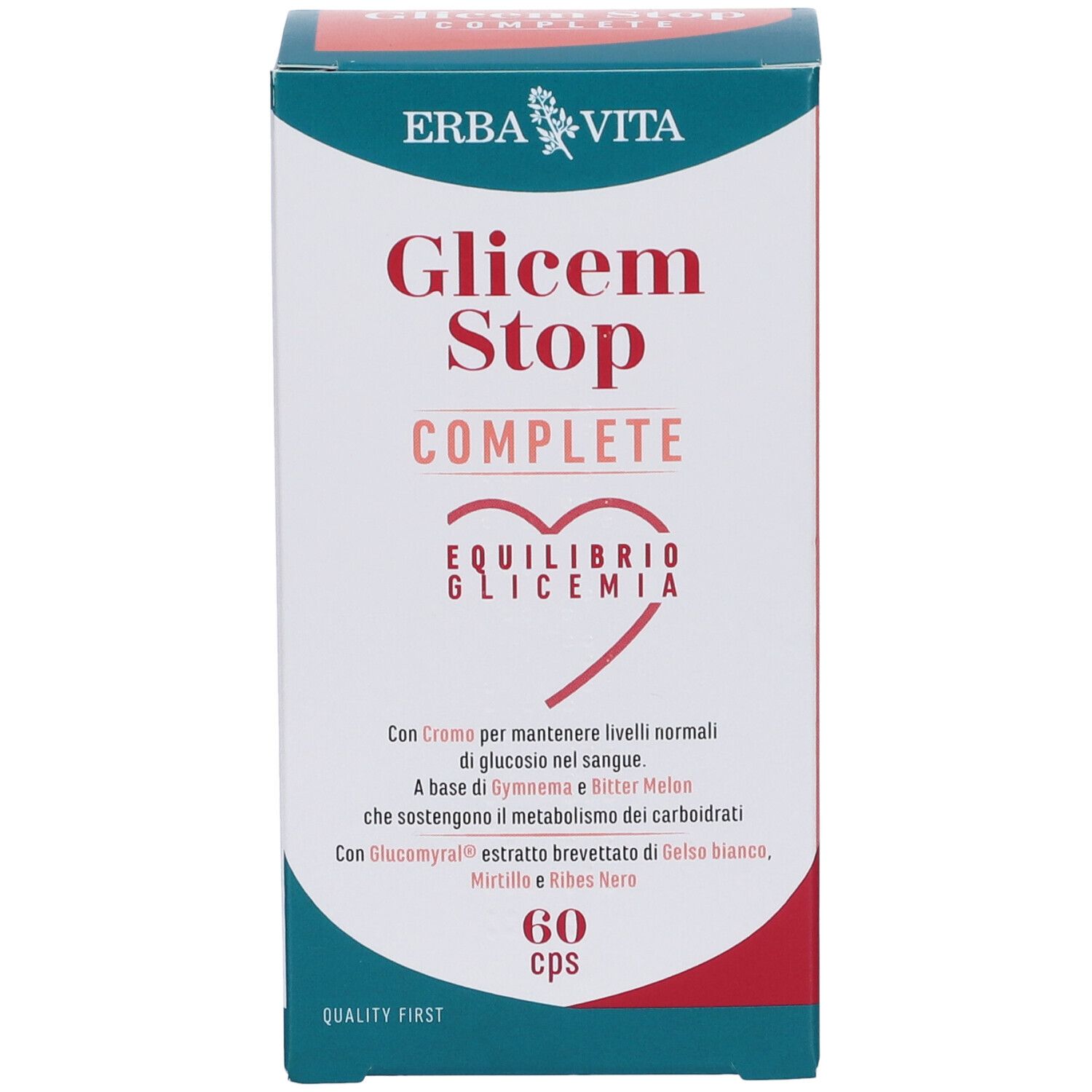 Scatola Glicem Stop Complete, 60 cps. Marchio Erba Vita. Scritta « Equilibrio Glicemia ». Colori rosso e blu.
