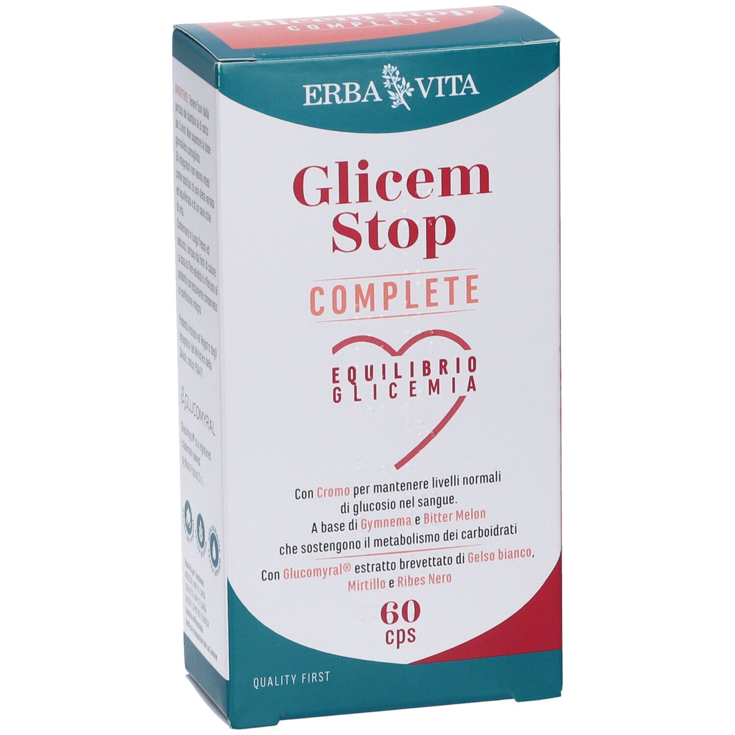 Scatola Glicem Stop Complete, 60 cps. Marchio Erba Vita. Scritta « Equilibrio Glicemia ». Colori rosso e blu.