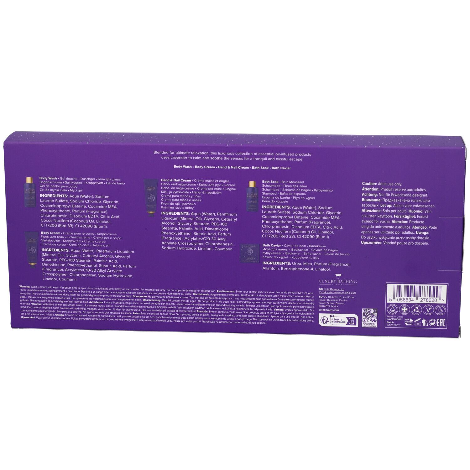 Retro della confezione regalo. Testo con ingredienti e avvertenze. Prodotti: bagnoschiuma, crema mani, sapone da bagno.