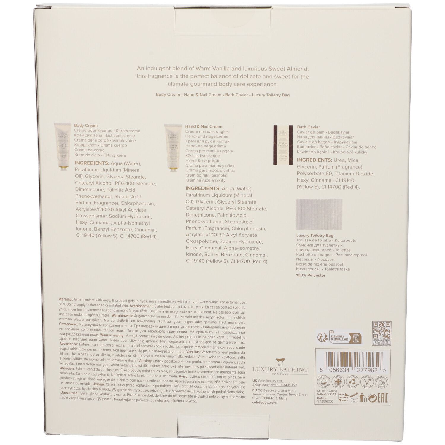 Retro della confezione regalo. Testo con ingredienti e informazioni. Contiene crema, crema mani, bagnoschiuma e pochette.