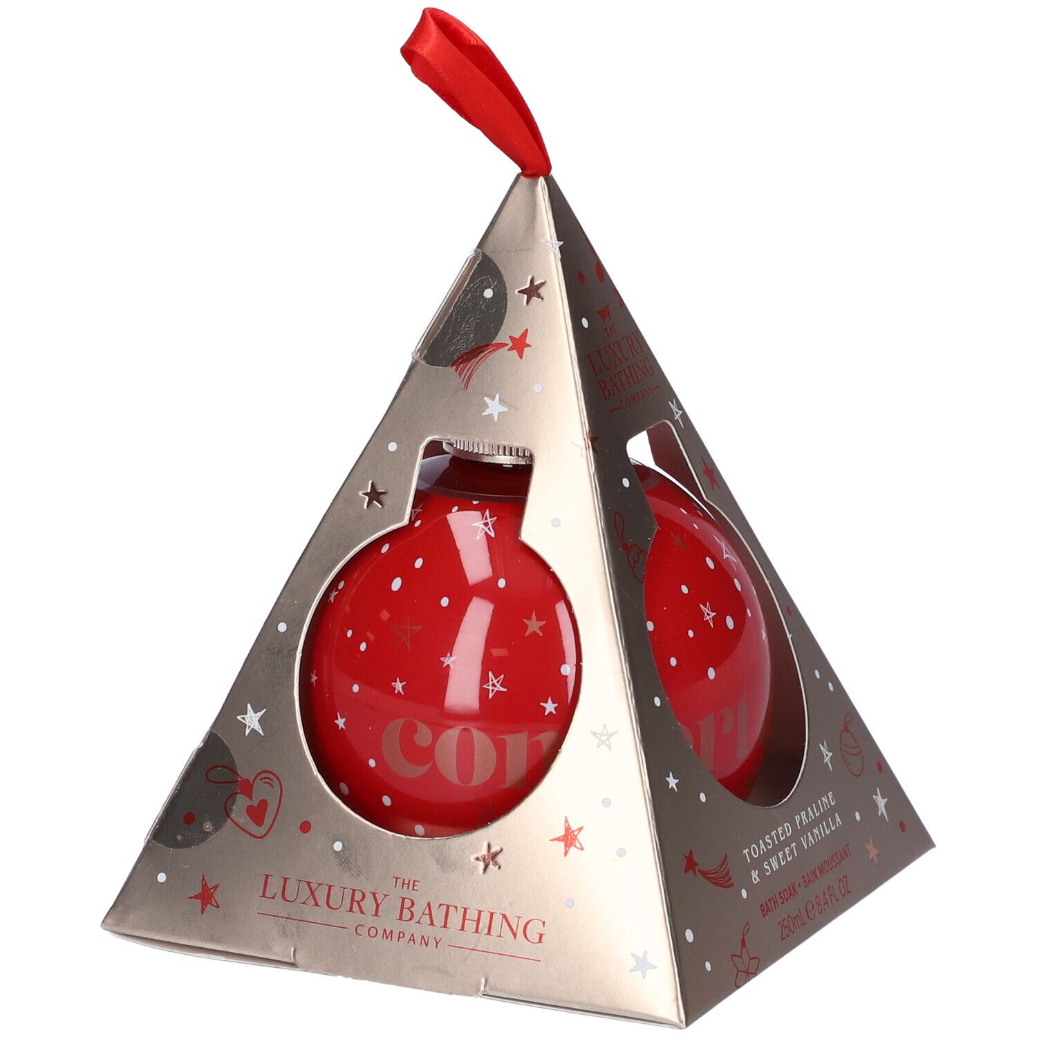Bagnoschiuma a sfera rossa in confezione piramidale. Scritta: The Luxury Bathing Company, Toasted Praline & Sweet Vanilla.