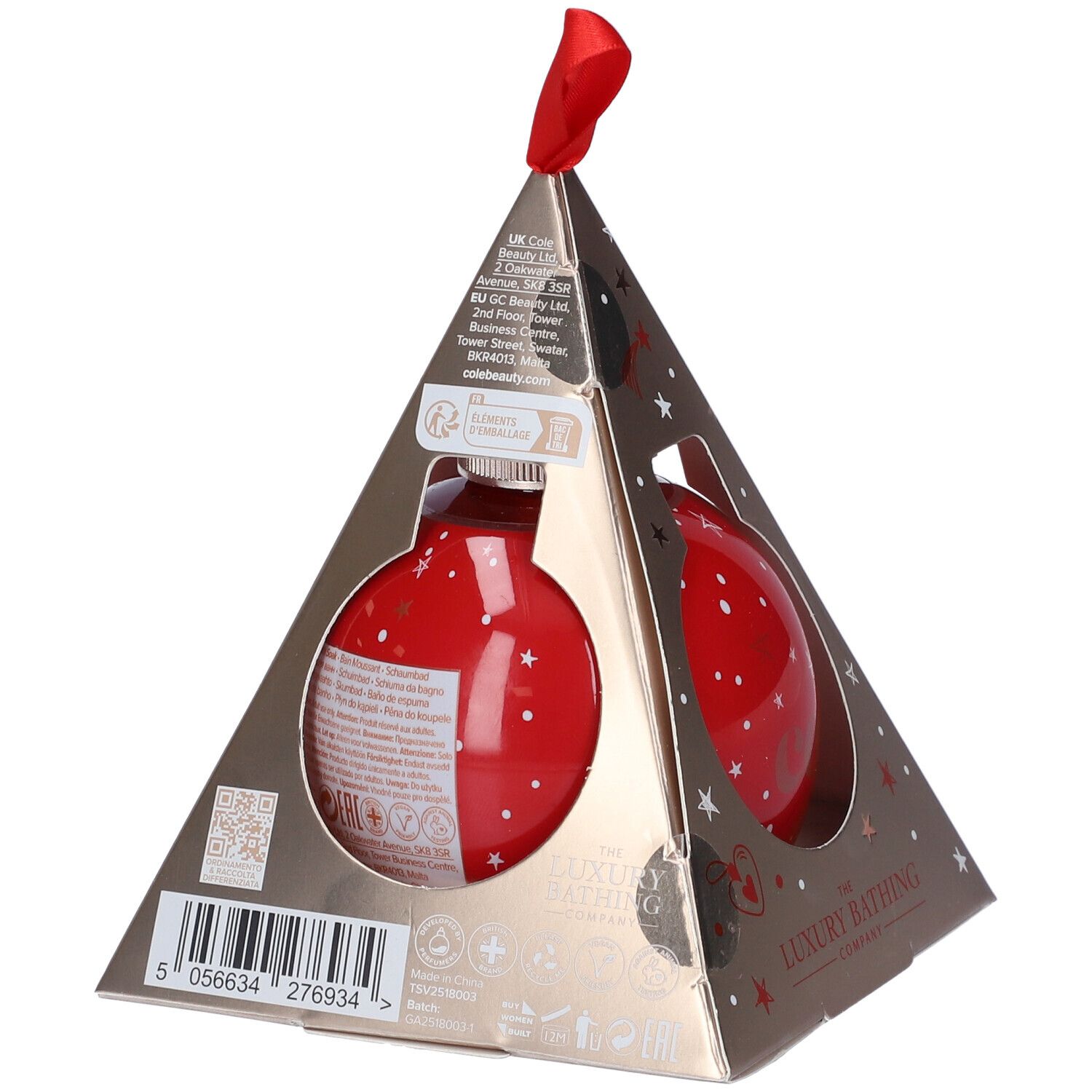 Bagnoschiuma a sfera rossa in confezione piramidale. Retro con testo e codice a barre. Scritta: The Luxury Bathing Company.