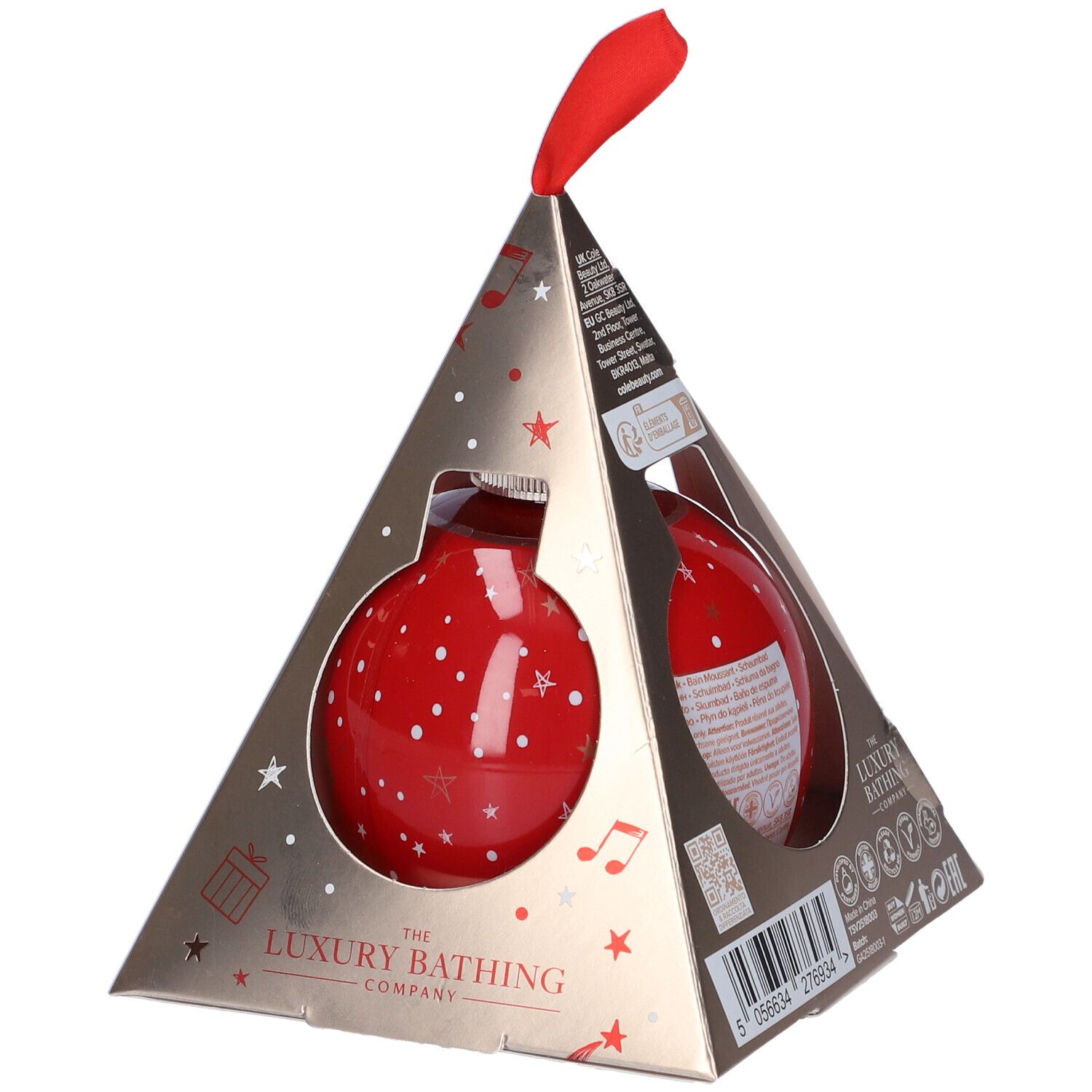 Bagnoschiuma a sfera rossa in confezione piramidale. Scritta: The Luxury Bathing Company, Toasted Praline & Sweet Vanilla.