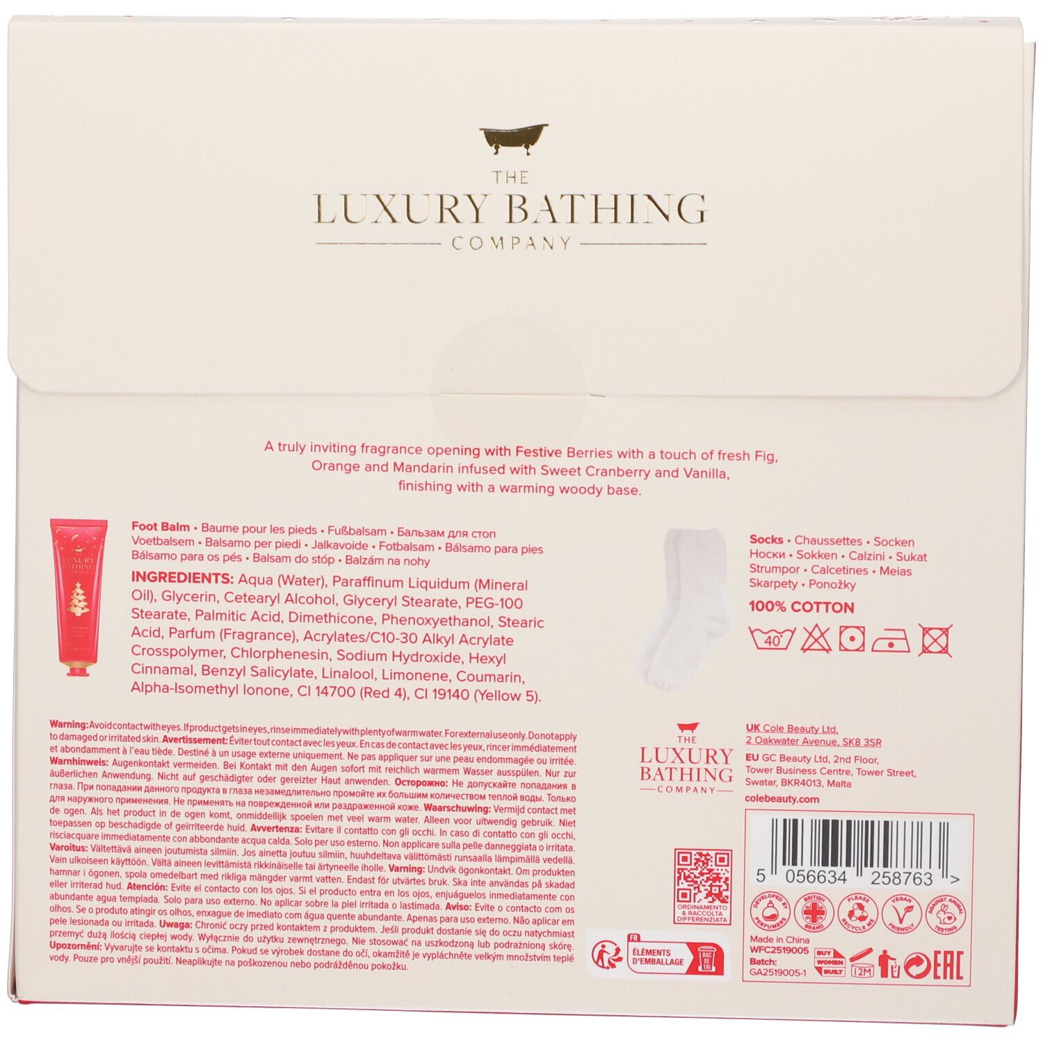 Retro della confezione regalo con informazioni sul prodotto e ingredienti. Include un'immagine del prodotto e dei calzini.