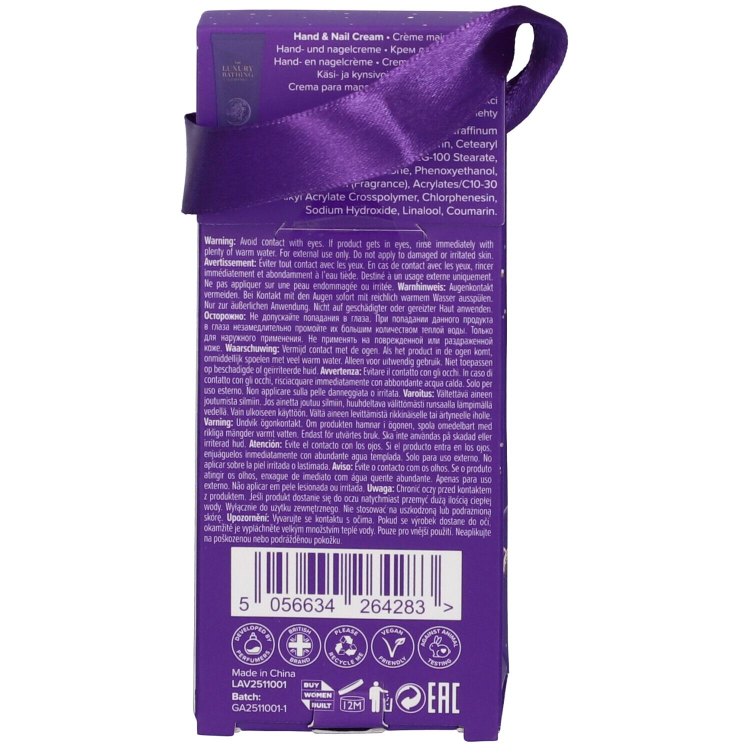 Retro della confezione. Testo multilingue. Ingredienti, avvertenze, numero di lotto, codice a barre e loghi.