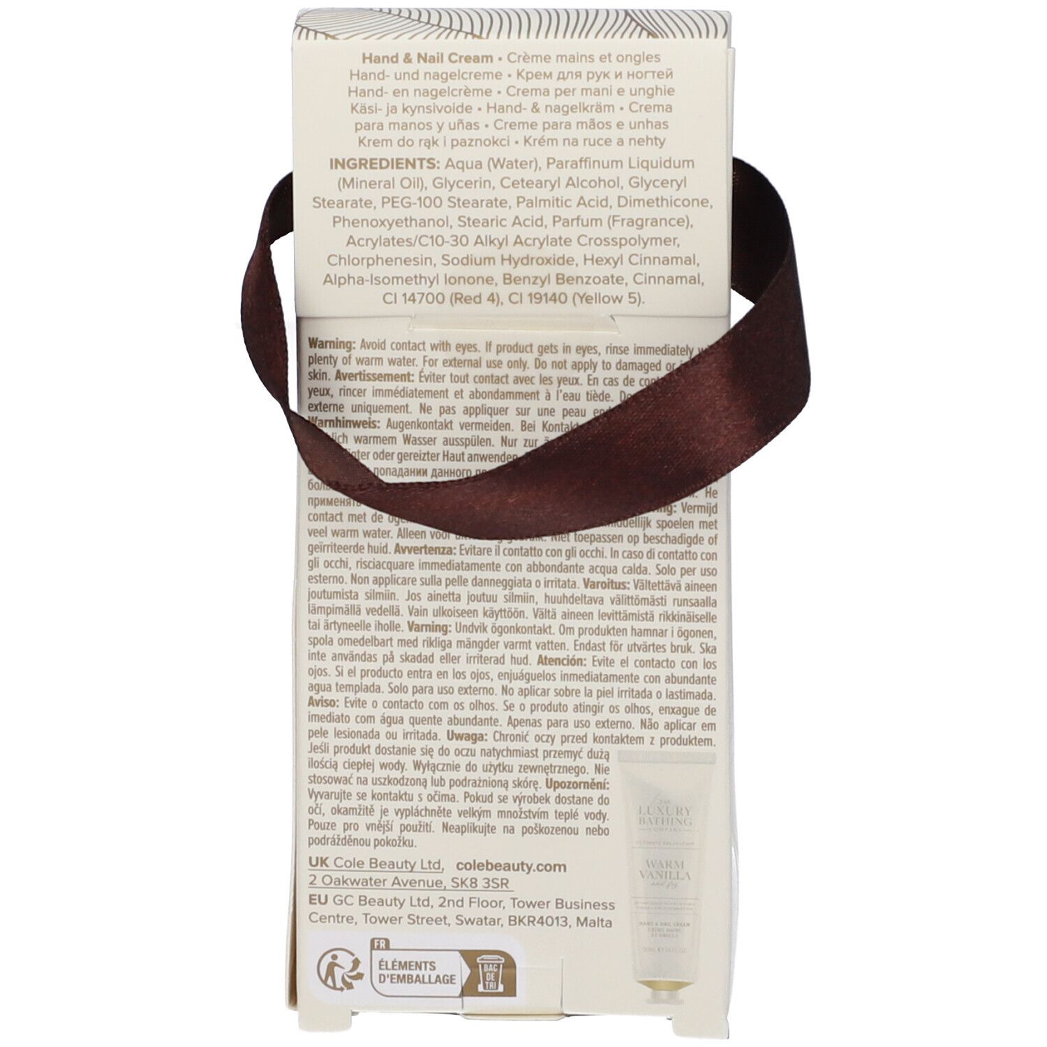 Retro della confezione regalo con ingredienti e avvertenze. Piccola apertura con tubetto di crema.