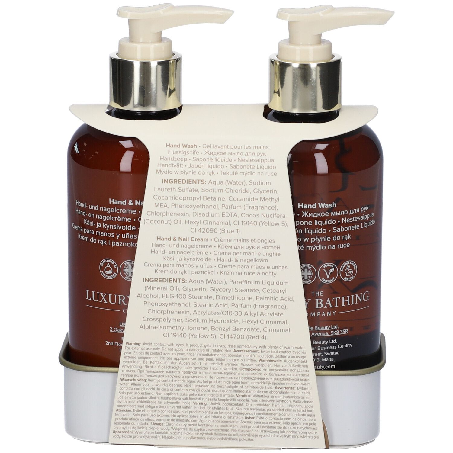 Retro dei flaconi. Testo con ingredienti e informazioni. In supporto bianco.