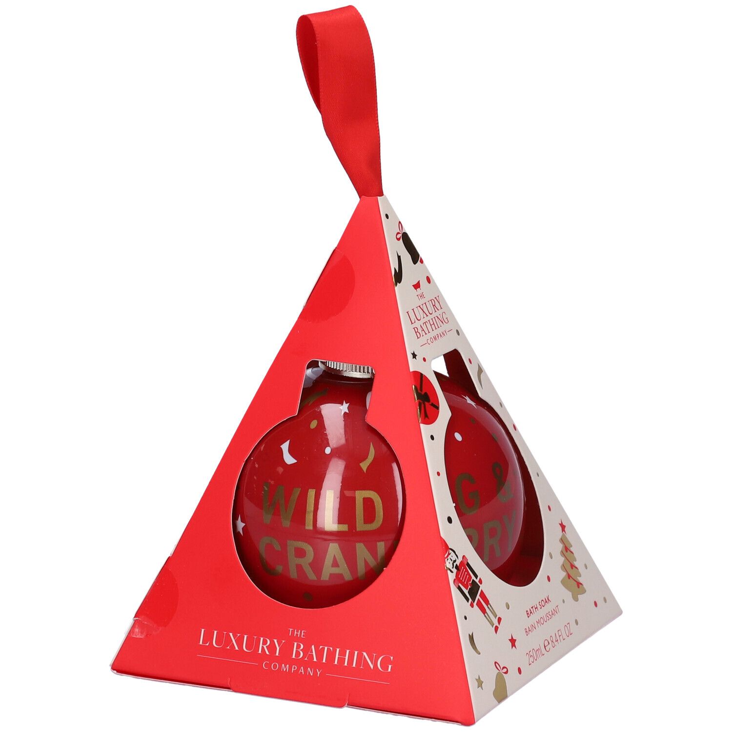 Sfera rossa in confezione triangolare rossa. Scritta: The Luxury Bathing Company. Con anello rosso per appendere.