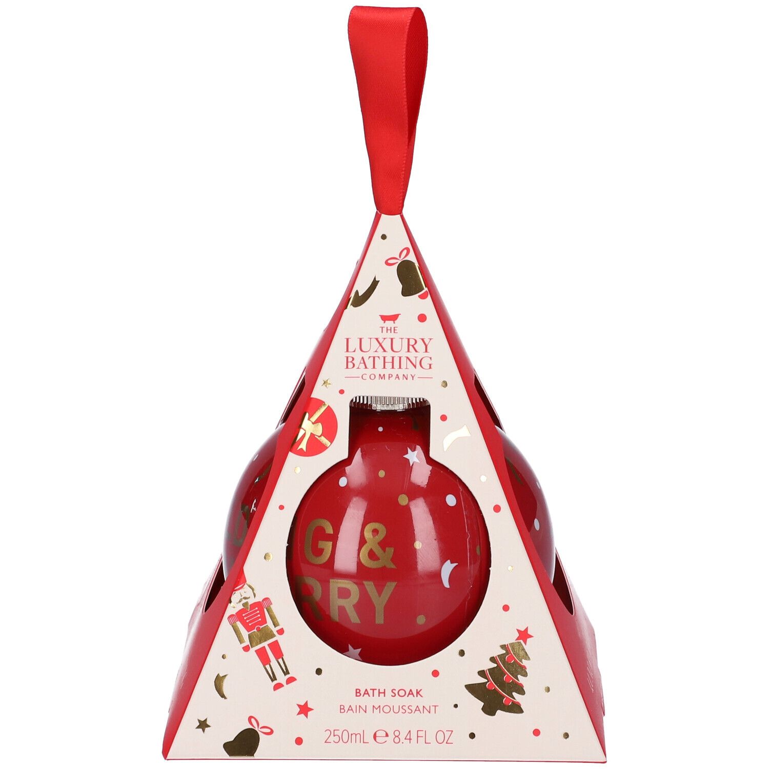 Sfera rossa in confezione triangolare rossa. Scritta: The Luxury Bathing Company. Con anello rosso per appendere.