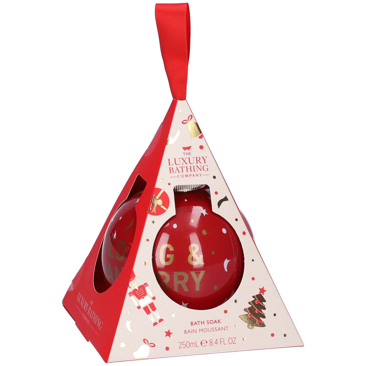 Sfera rossa in confezione triangolare rossa. Scritta: The Luxury Bathing Company. Con anello rosso per appendere.