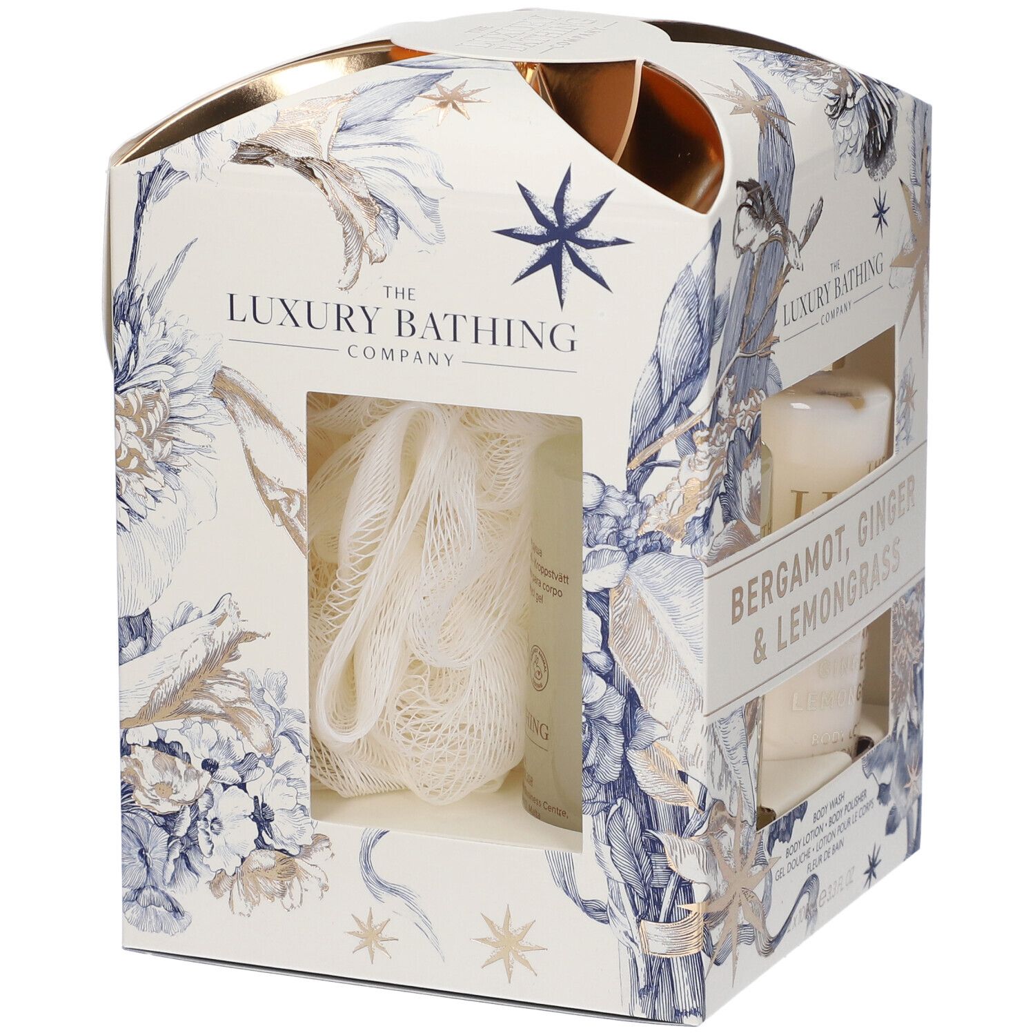 Retro del set regalo con ingredienti e informazioni sul prodotto. Testo in inglese, francese, italiano e tedesco.