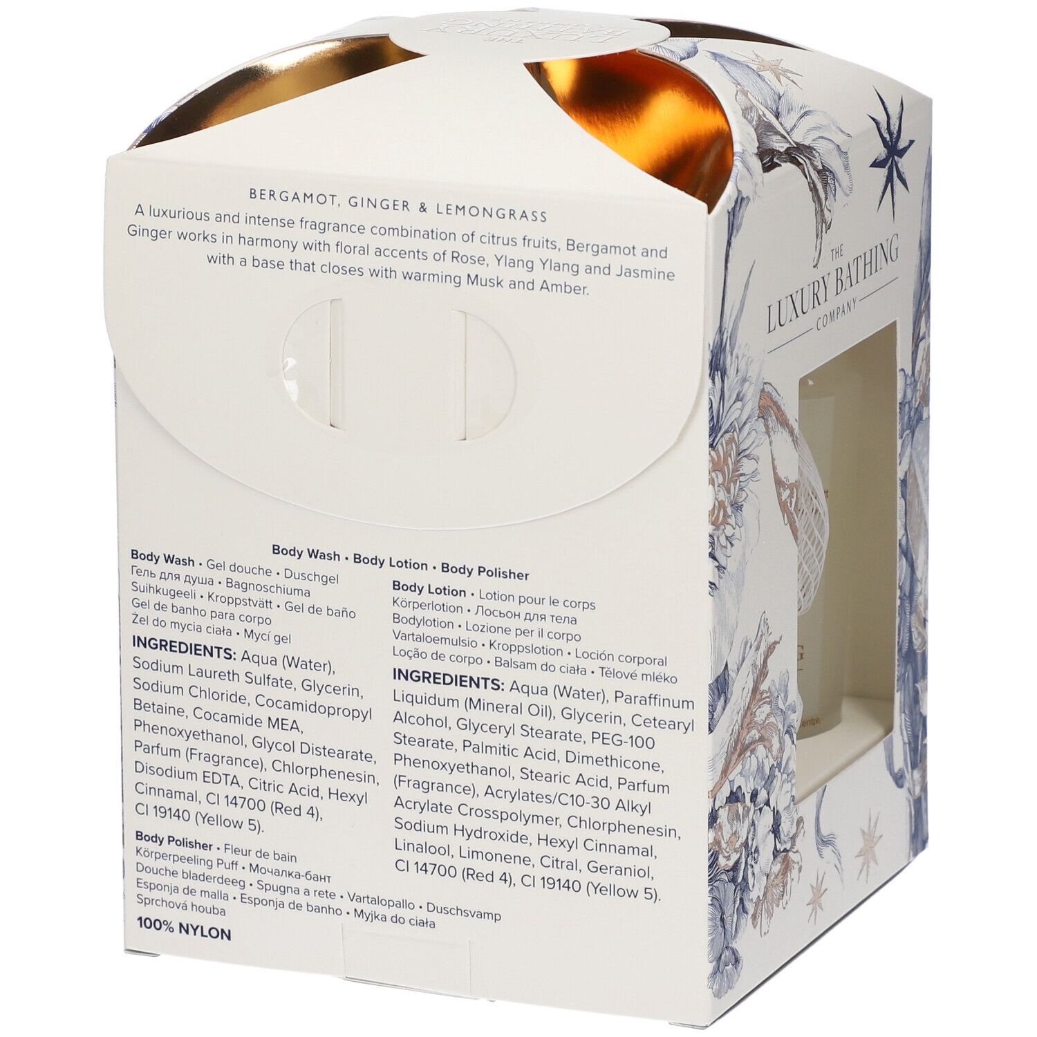 Set regalo con lozione corpo, spugna e motivo floreale. Nome del prodotto e marchio visibili.