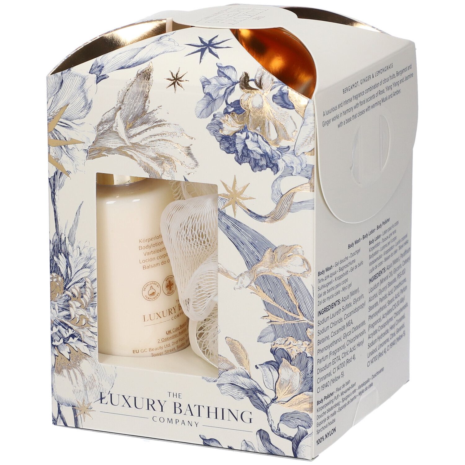 Set regalo con bagnodoccia, lozione corpo, spugna. Confezione floreale e nome del prodotto.