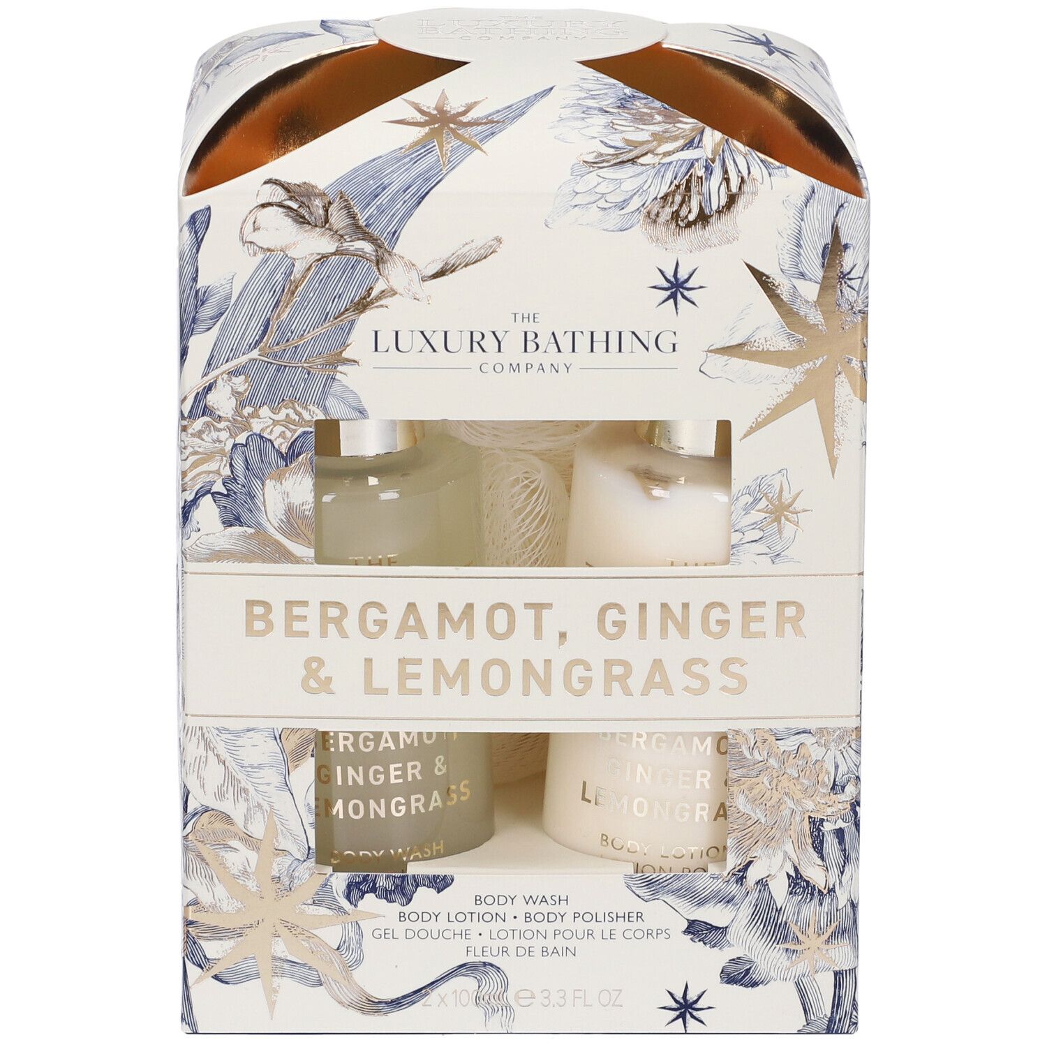 Set regalo con bagnodoccia, lozione corpo, spugna. Confezione floreale e nome del prodotto.