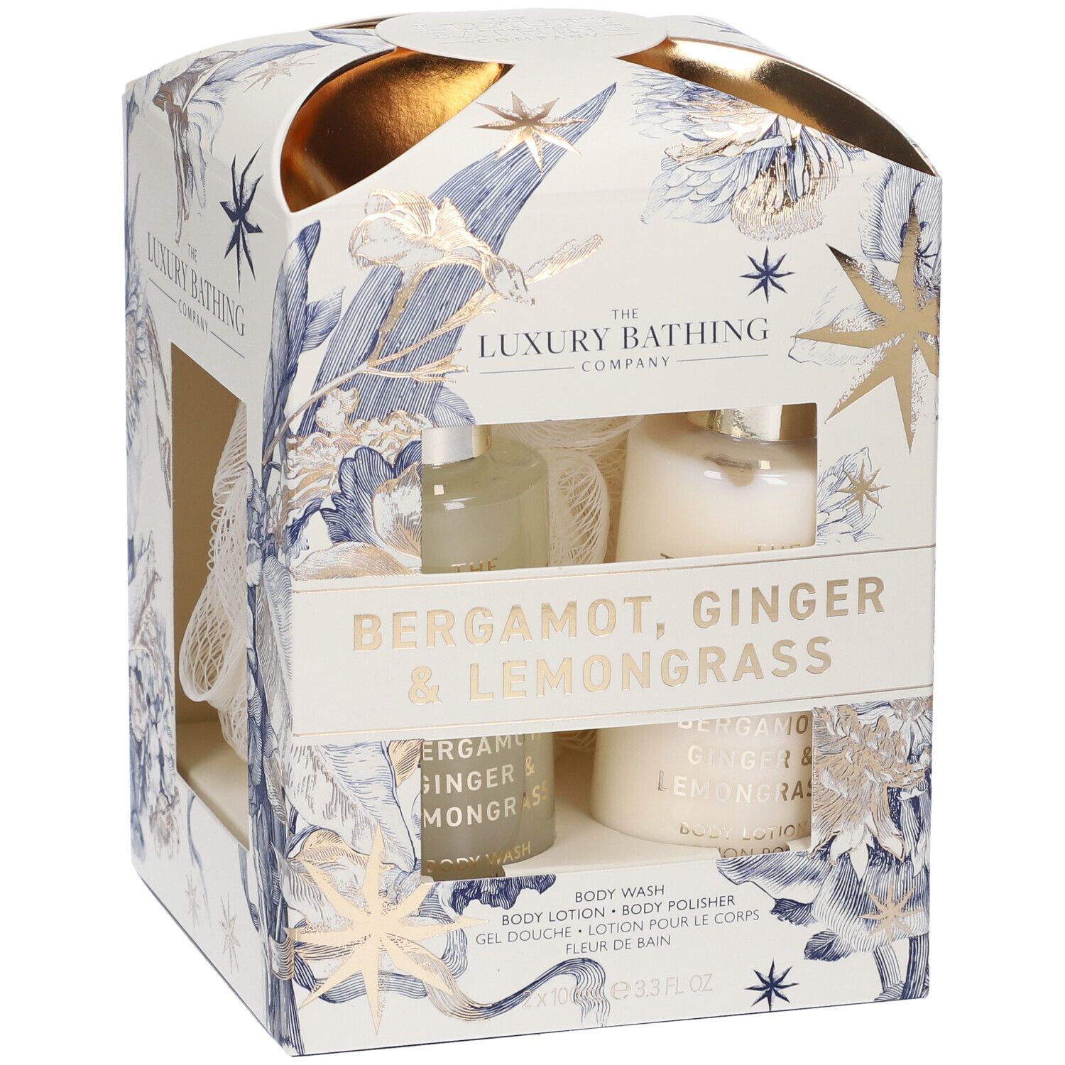 Set regalo con bagnodoccia, lozione corpo, spugna. Confezione floreale e nome del prodotto.