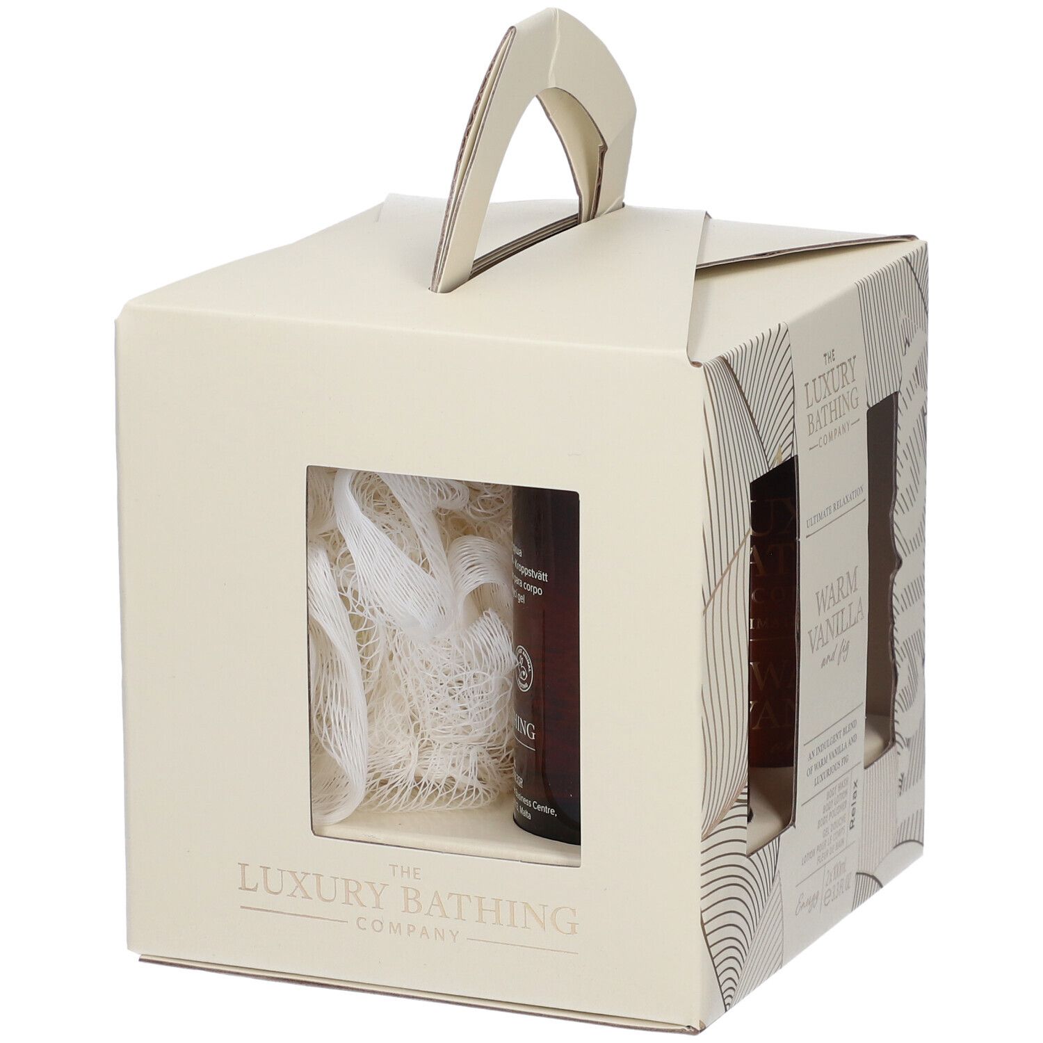 Set regalo con finestre. The Luxury Bathing Company. Bottiglia e spugna. Warm Vanilla & Fig.