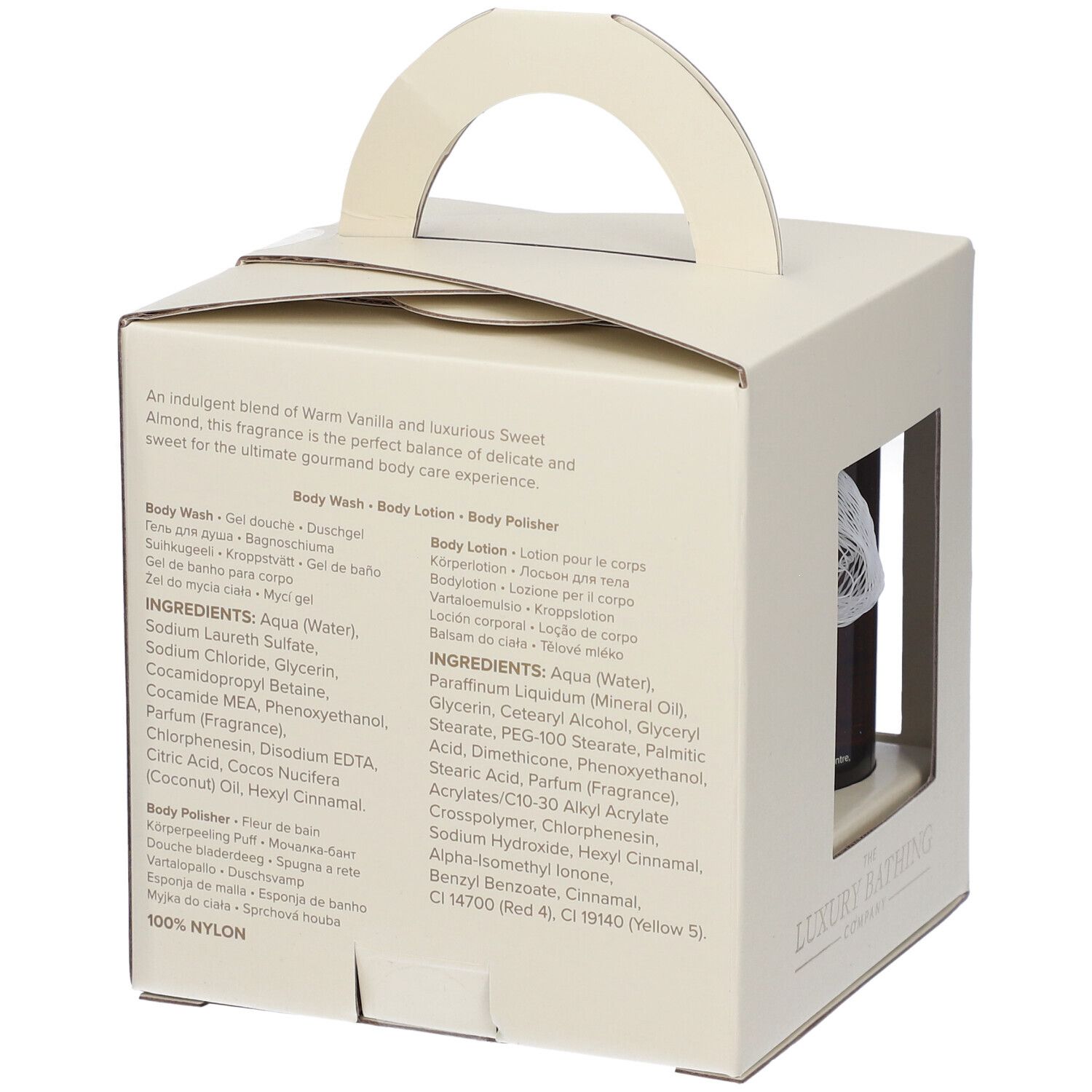 Retro della confezione regalo. Ingredienti, bagnoschiuma, lozione corpo, esfoliante. The Luxury Bathing Company.