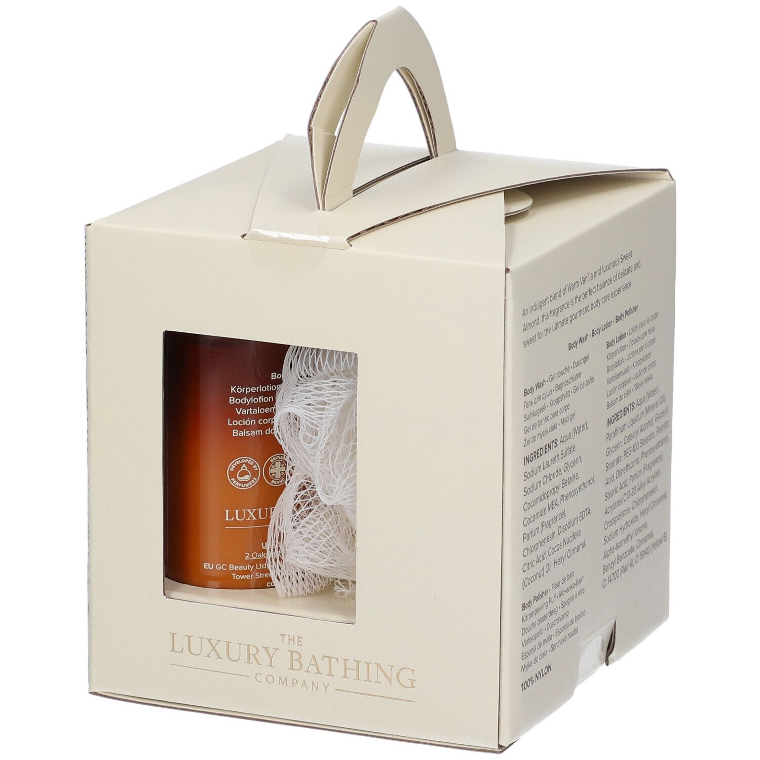 Set regalo con bottiglia e spugna. The Luxury Bathing Company. Testo: Lozione corpo. Warm Vanilla & Fig.