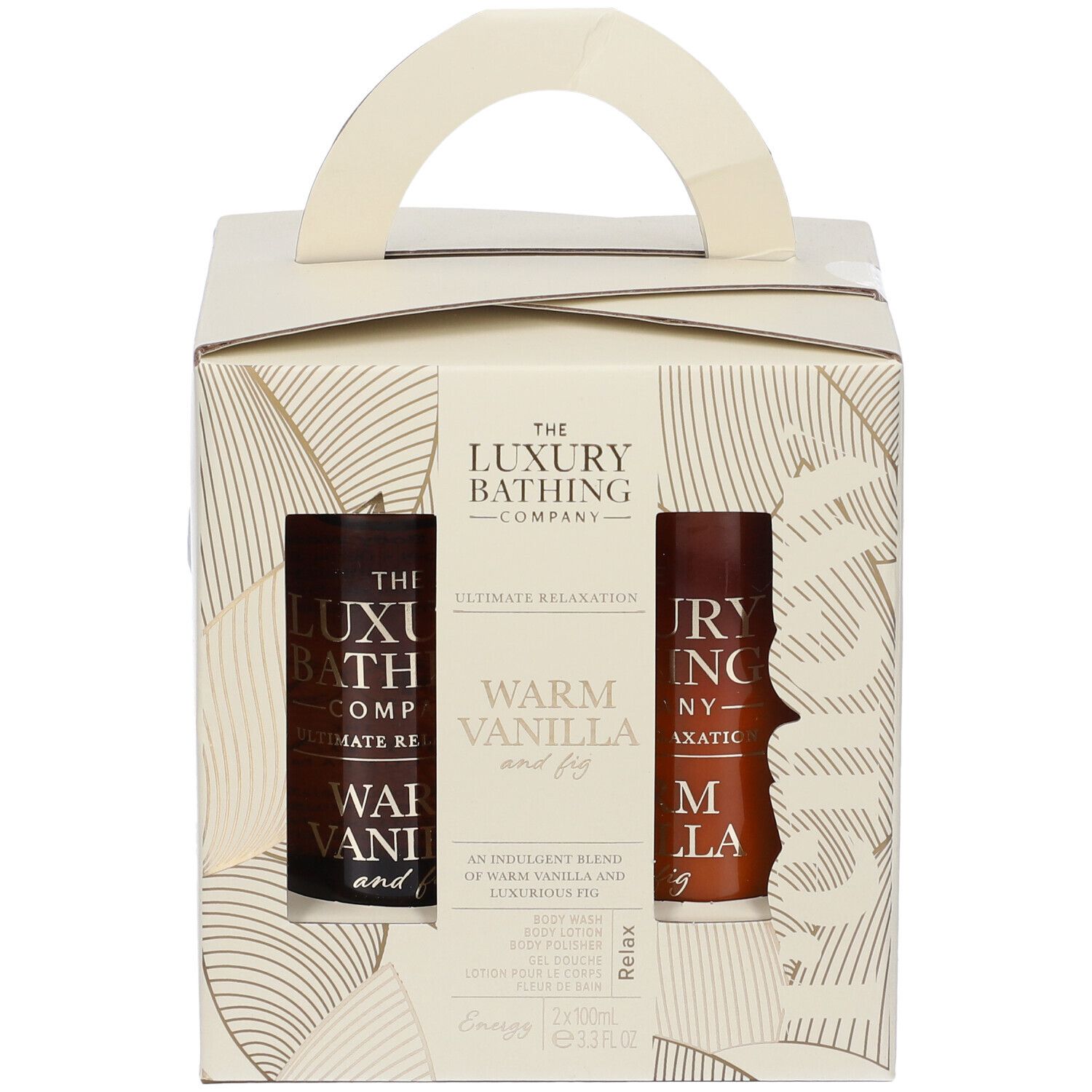 Set regalo con due bottiglie. The Luxury Bathing Company. Testo: Warm Vanilla & Fig. Ultimate Relaxation.