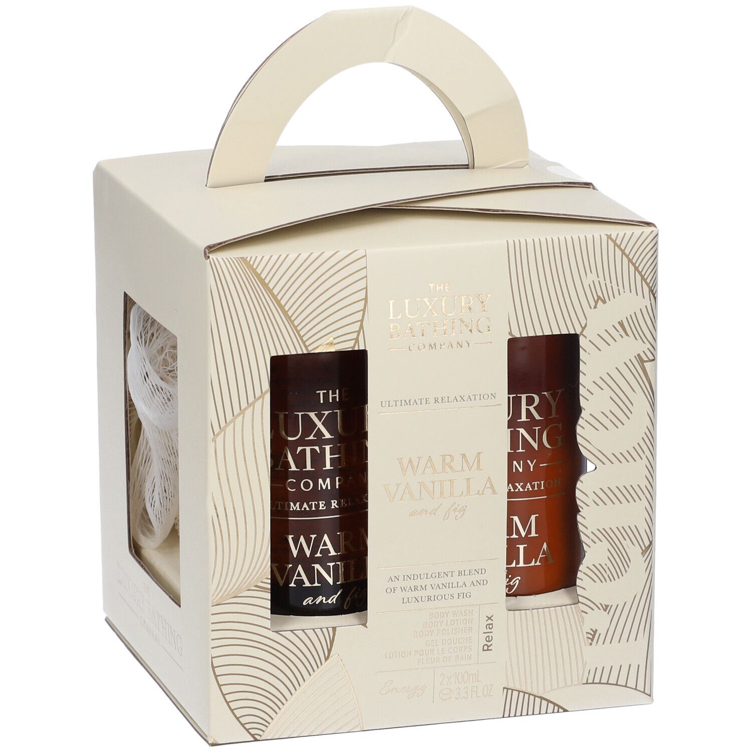 Set regalo con due bottiglie e spugna. The Luxury Bathing Company. Warm Vanilla & Fig. Relax.