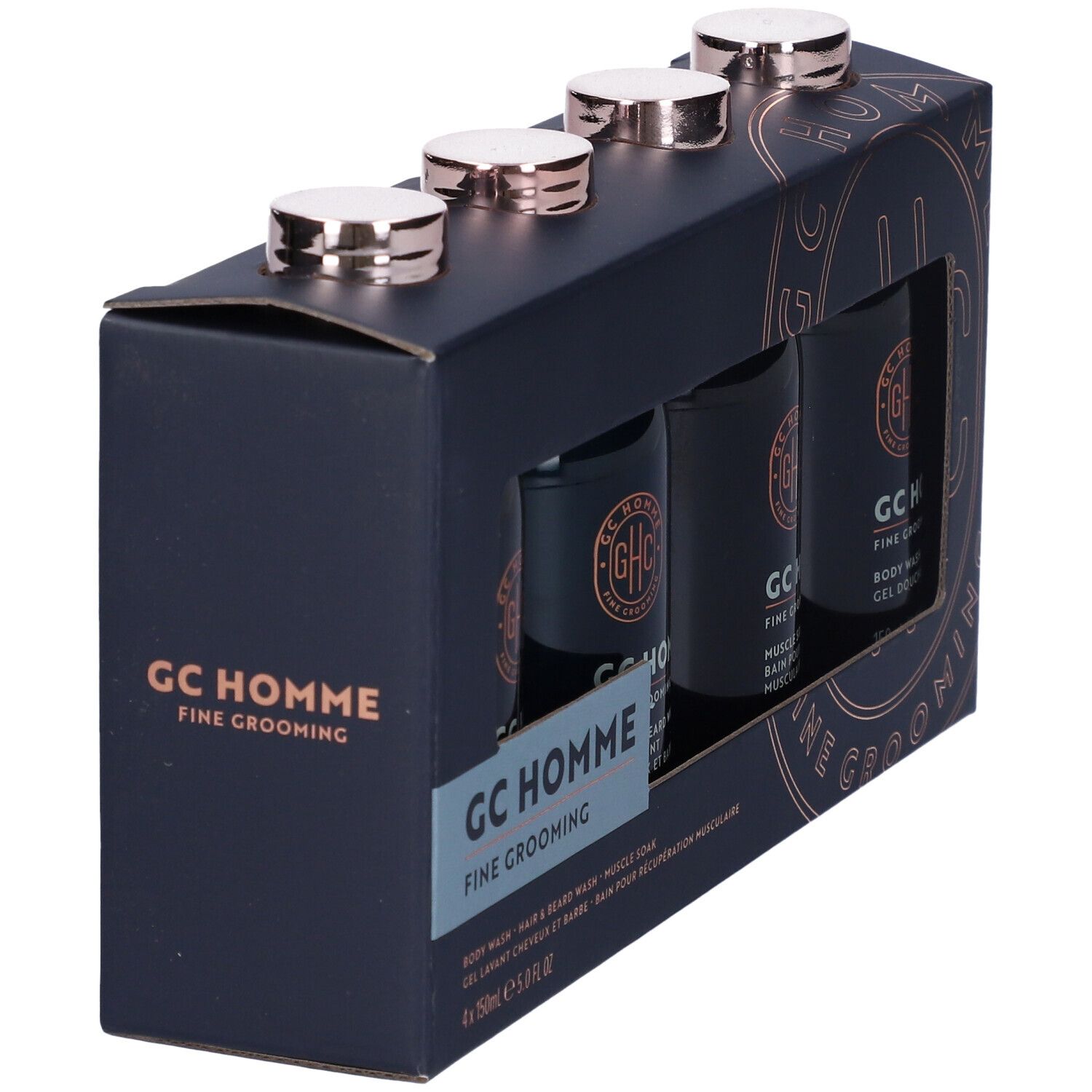 Set regalo con quattro flaconi. Flaconi neri, tappi dorati ed etichette. Confezione con nome del prodotto.