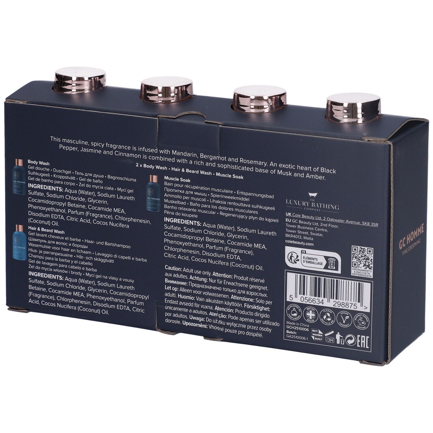 Retro della confezione regalo. Testo con ingredienti e informazioni sul prodotto. Confezione nera con testo dorato.