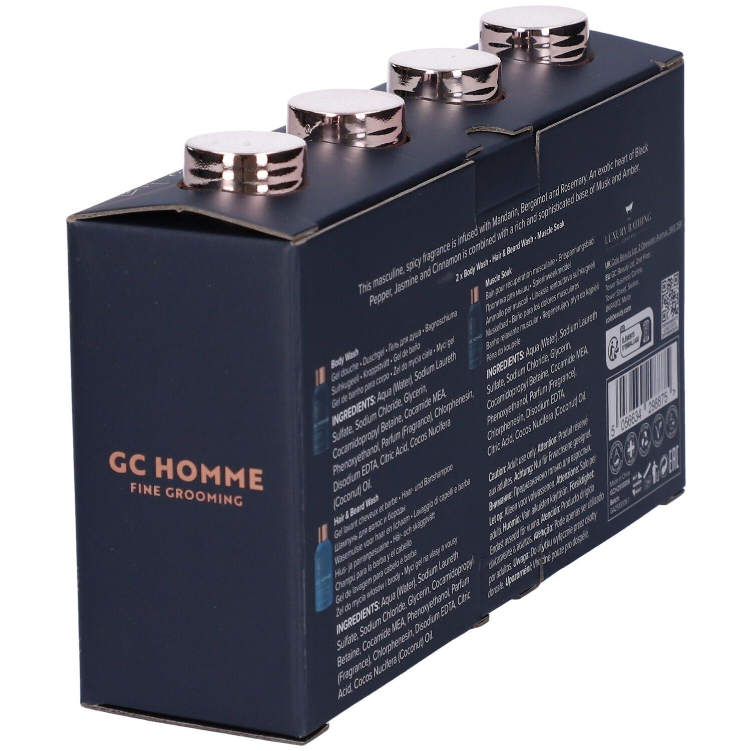 Retro della confezione regalo. Testo con ingredienti e informazioni sul prodotto. Confezione nera con testo dorato.