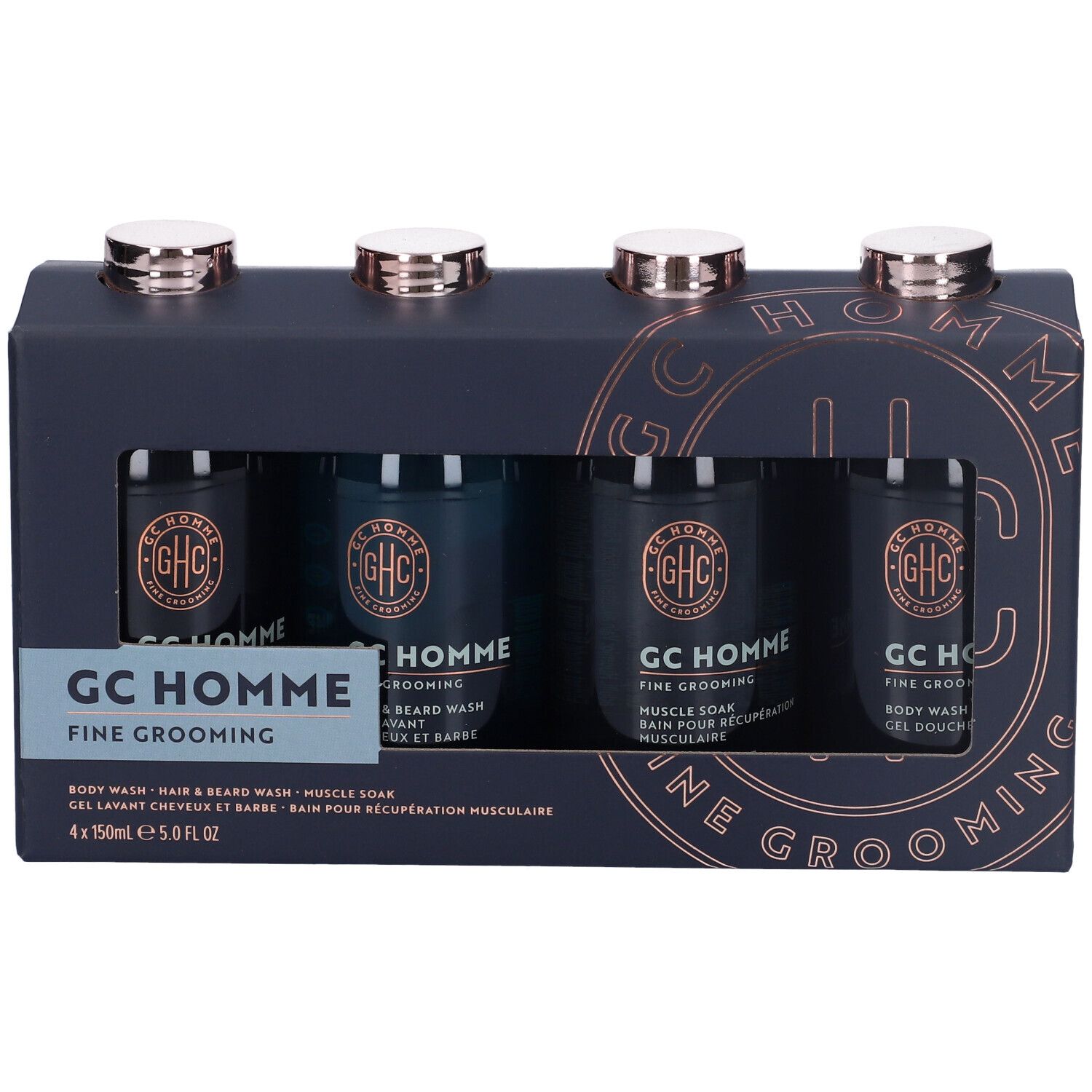 Set regalo con quattro flaconi. Flaconi neri, tappi dorati ed etichette. Confezione con nome del prodotto.