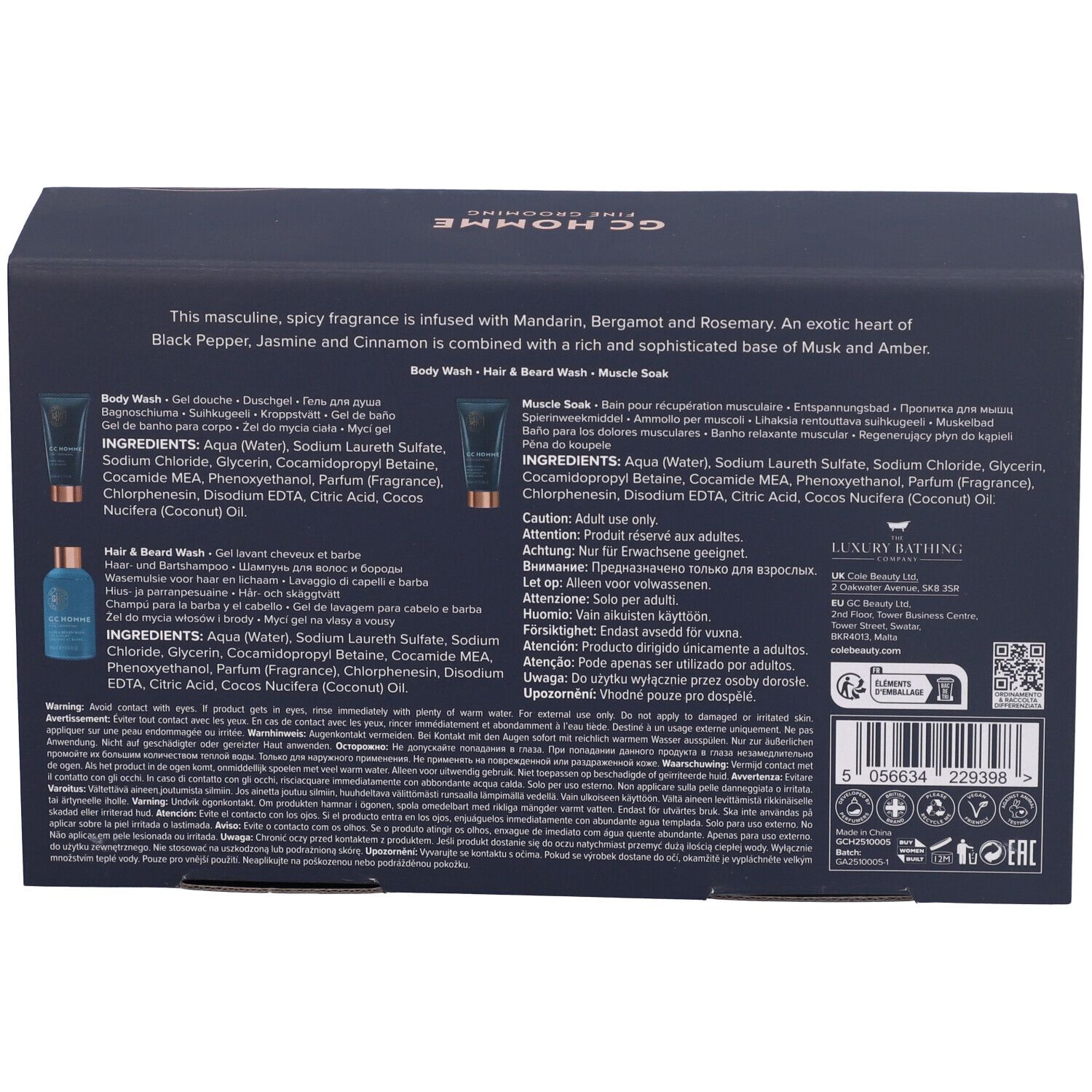 Retro della confezione regalo. Testo con ingredienti e avvertenze. Codice a barre e logo.