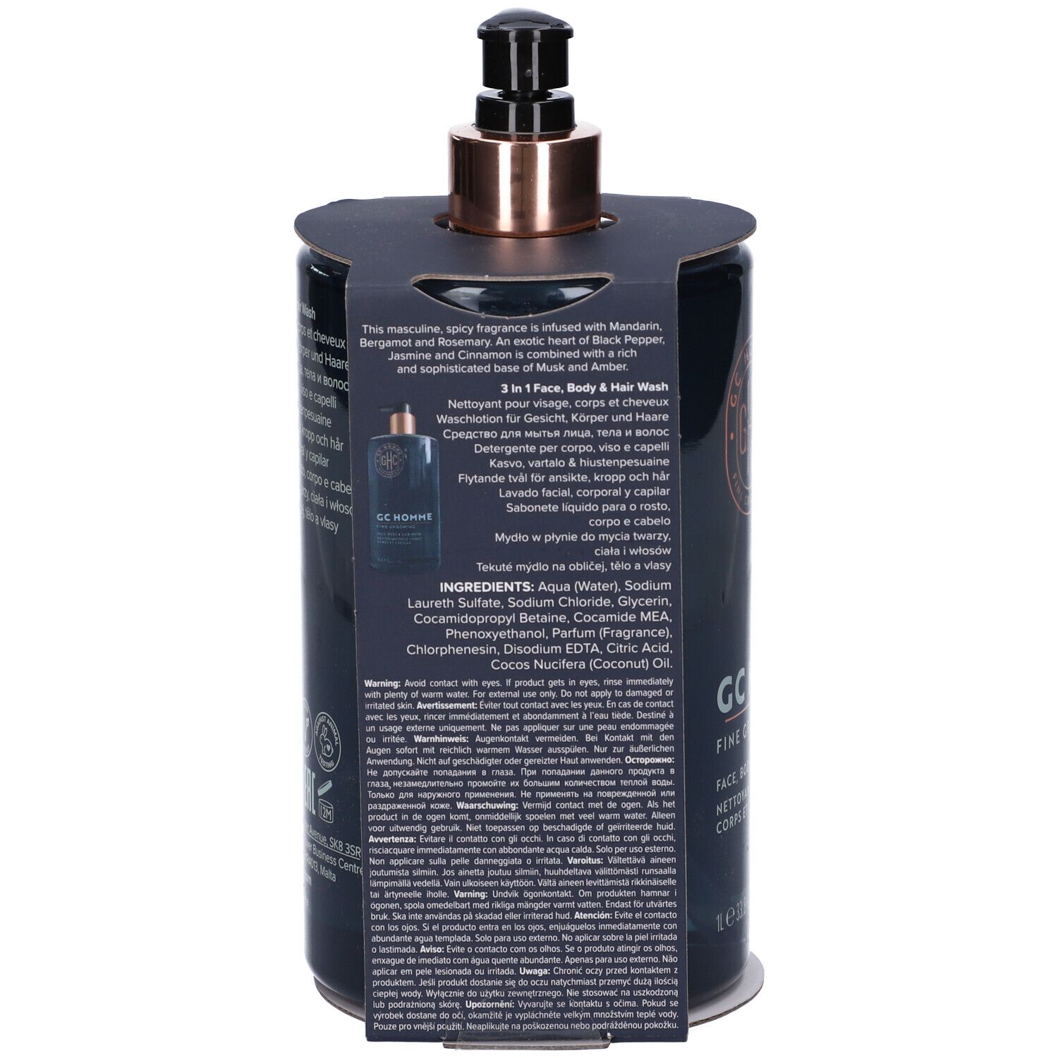 Retro del flacone. Testo multilingue. Elenco ingredienti. Informazioni per l'uso. Confezione nera.