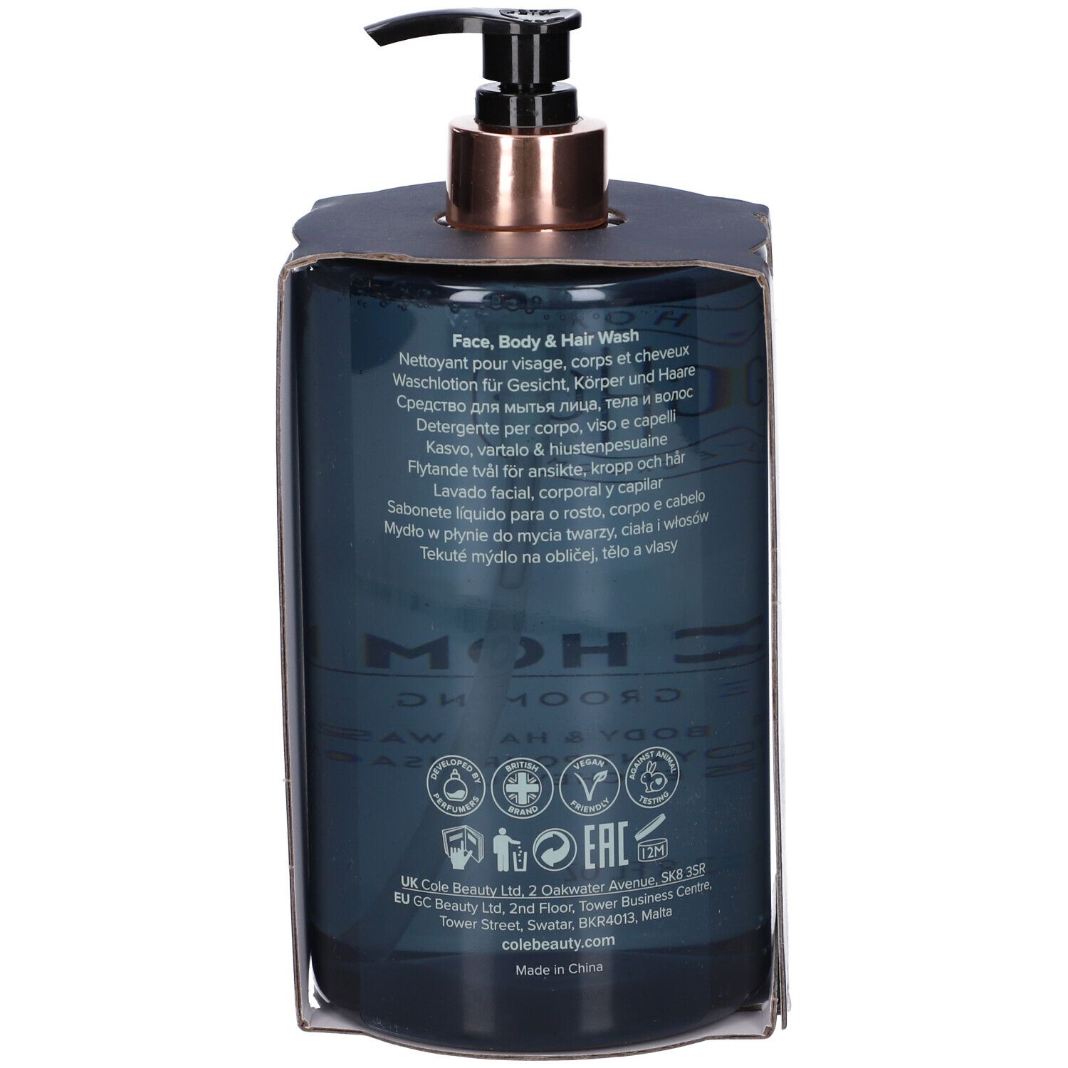 Flacone blu scuro con erogatore nero. Scritta: Face, Body & Hair Wash. Diversi loghi e certificazioni.
